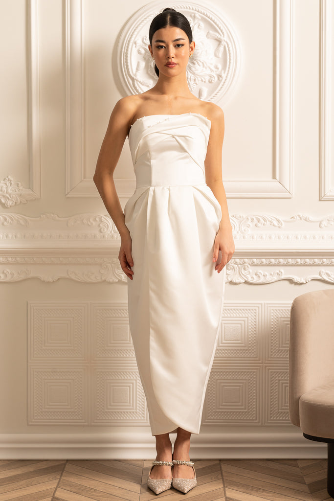 Strapless Midi Dress With Ruched Chest Detailing - White