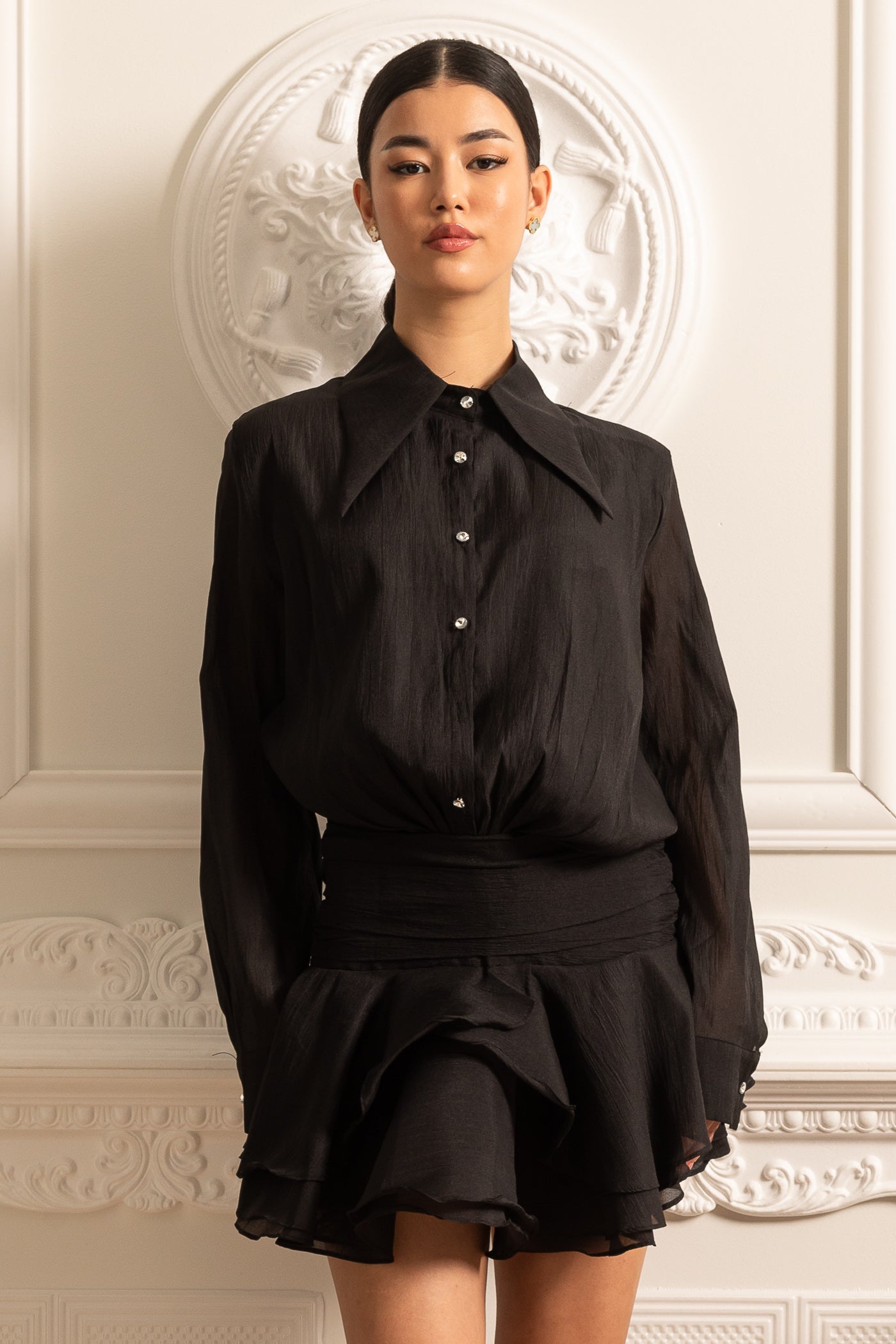 Button-Up Shirt With Cinched Waist - Black