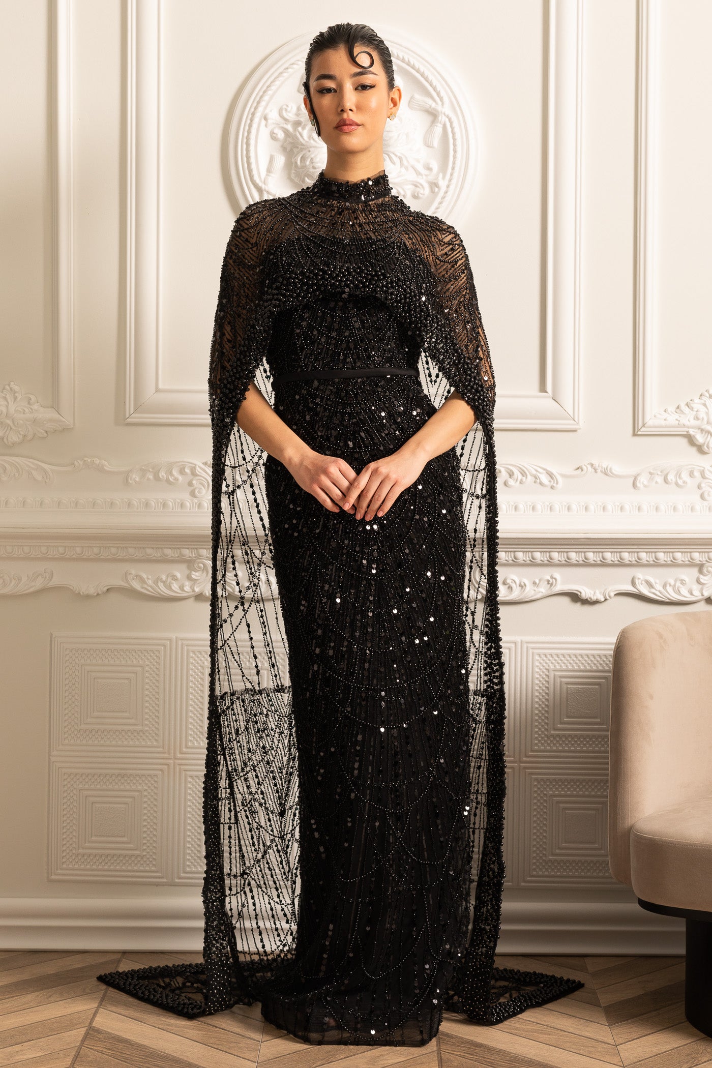 Glamourous Beaded Gown With Detachable Veil - Black