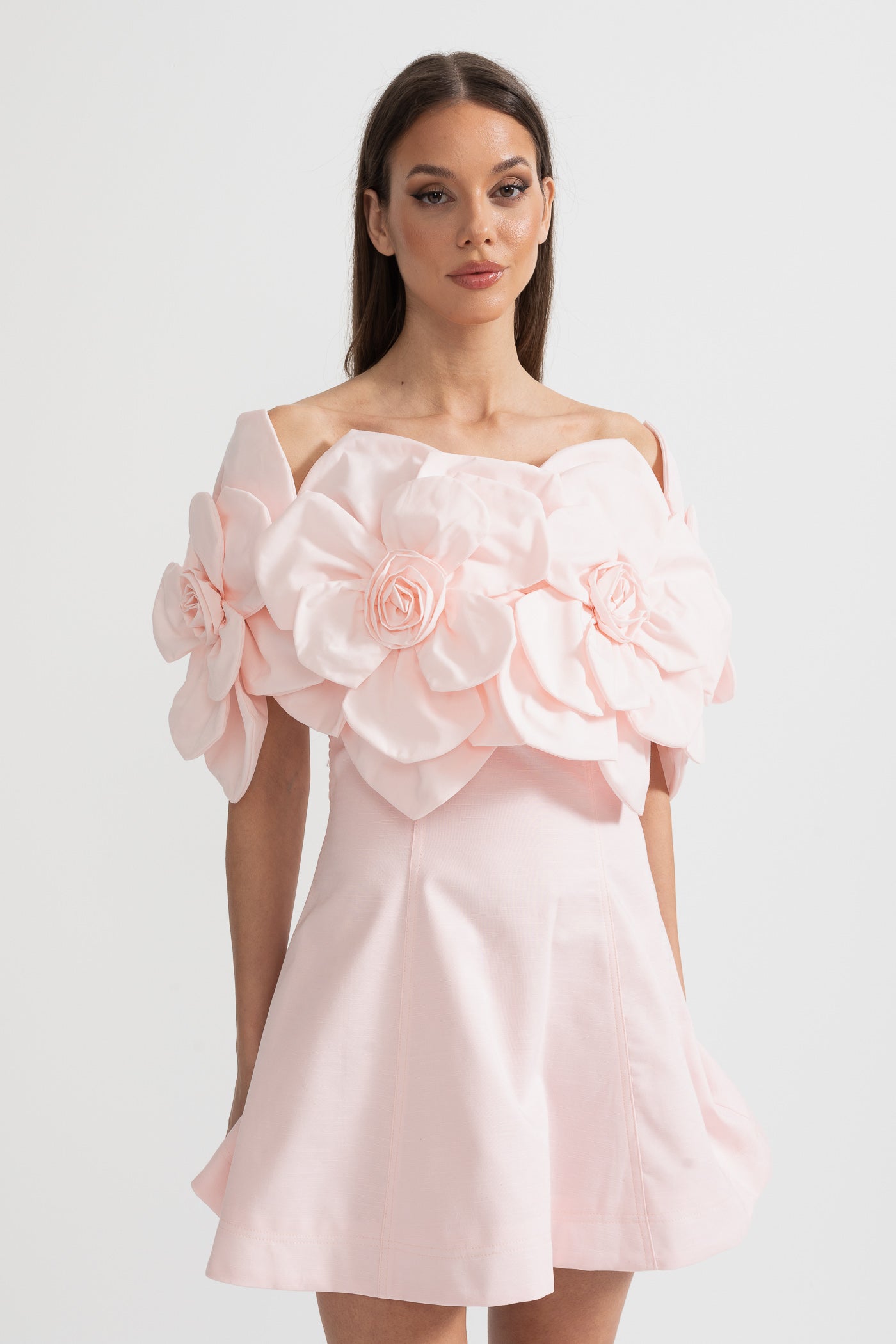 Off-Shoulder Mini Dress With Large Fabric Floral Accents - Pink