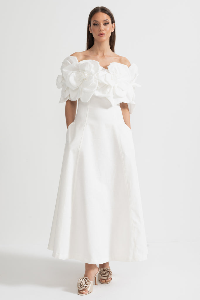 Off-Shoulder Midi Dress With Large Fabric Floral Accents - White