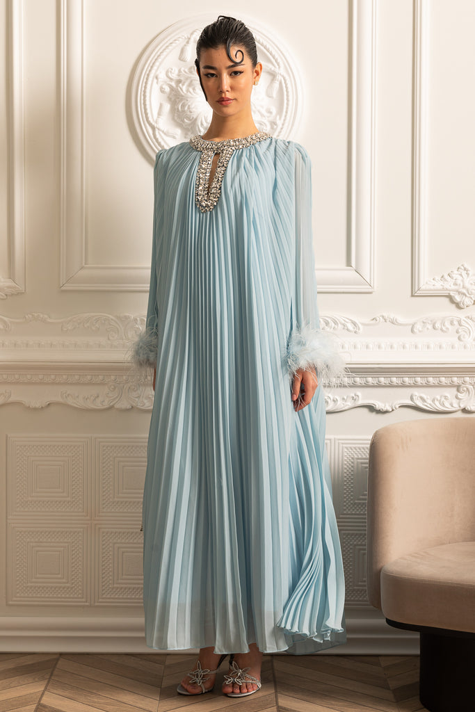 Pleated Long Dress With Feathered Cuffs And Sparkling Neckline - Blue