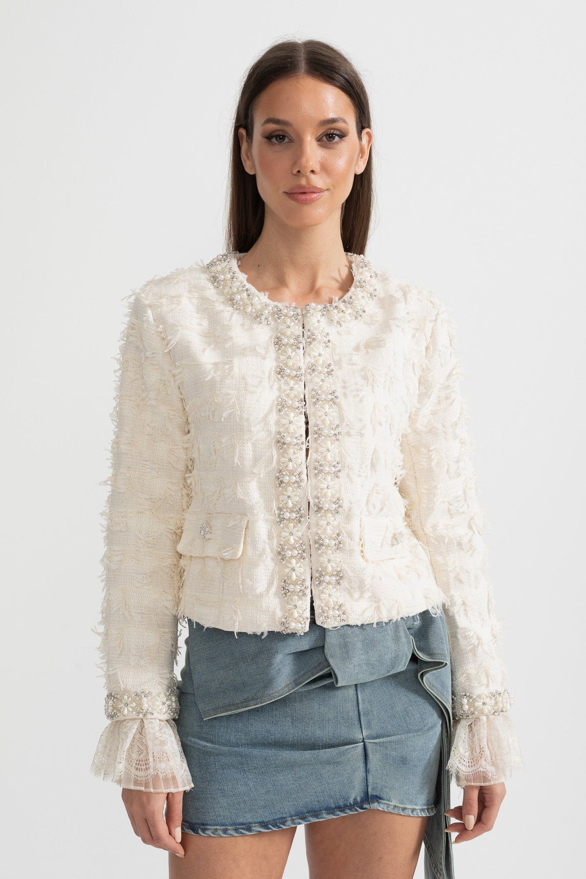 Textured Jacket Top with Pearl and Crystal Embellishments - Ivoire