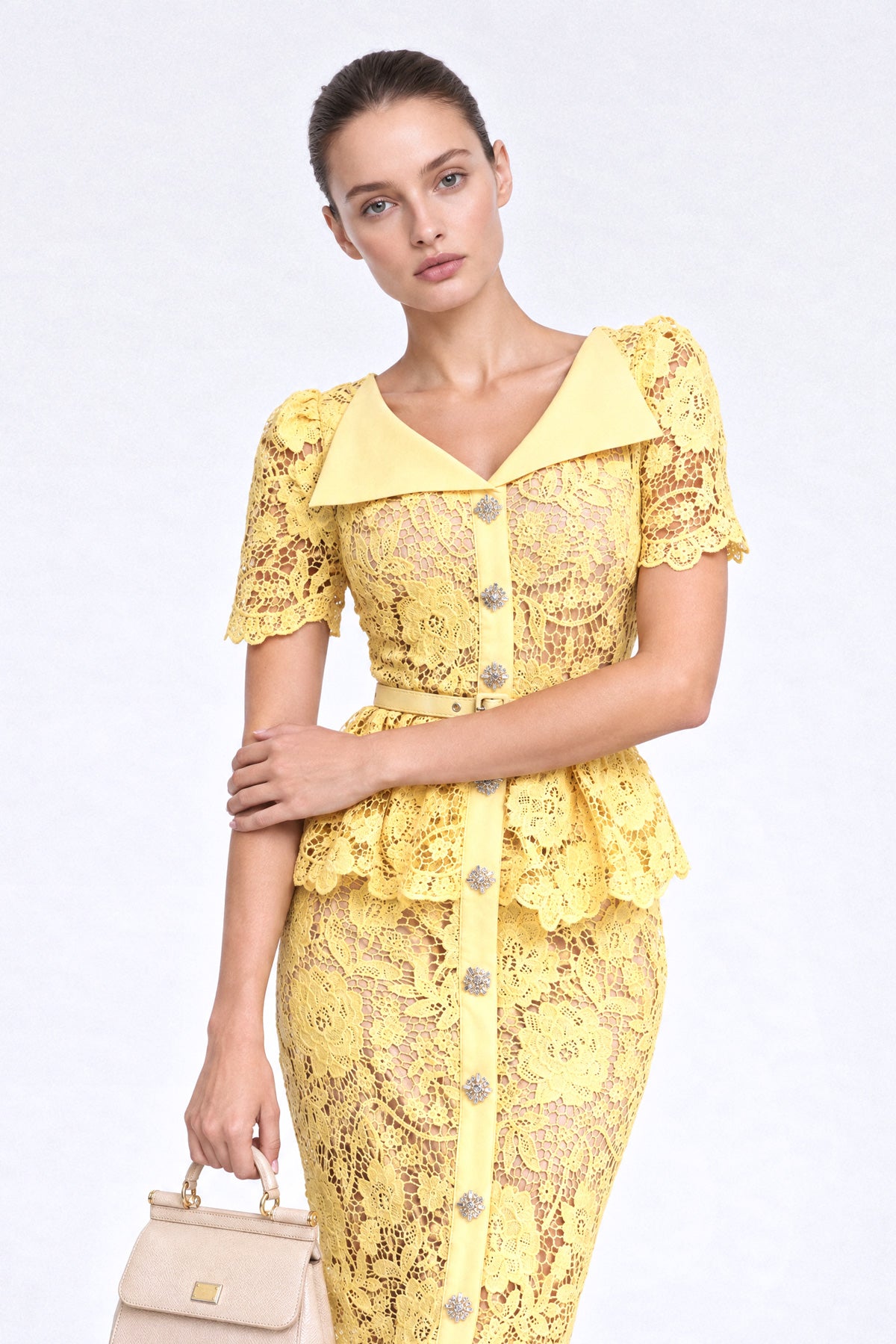 Crystal-Button Lace Peplum Midi Dress - Yellow