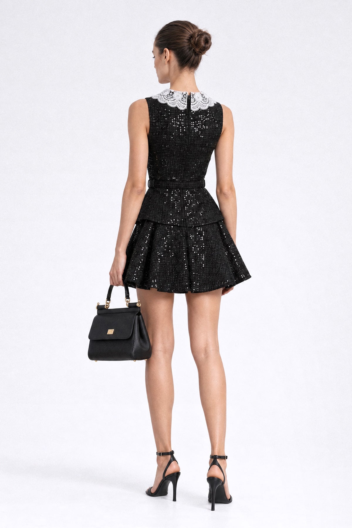 Sequin Tweed Peplum Mini Dress - Black
