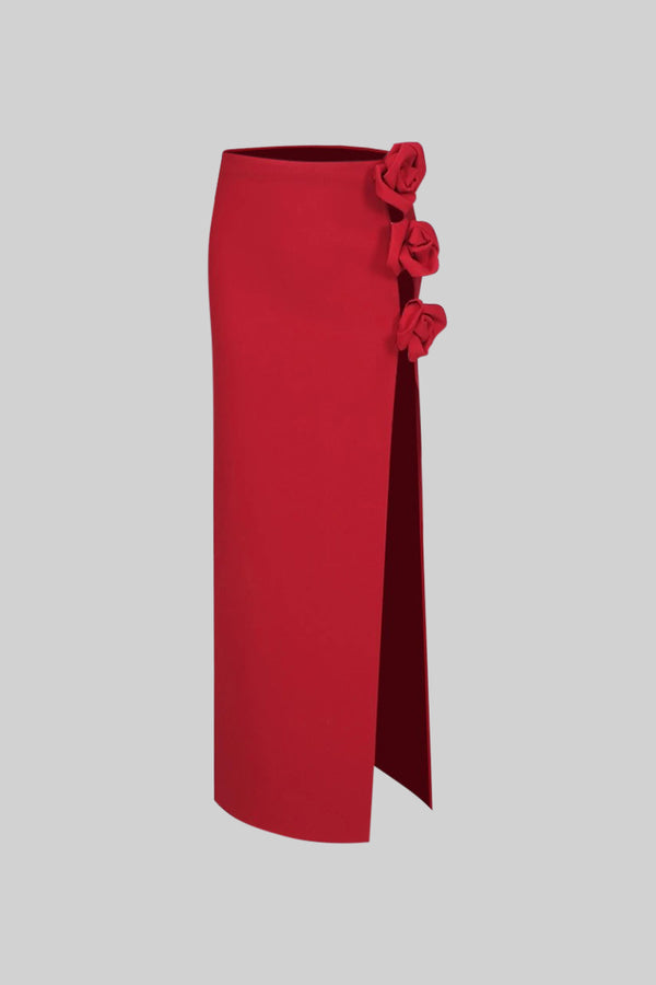 Long Cutout Skirt with Roses - Red