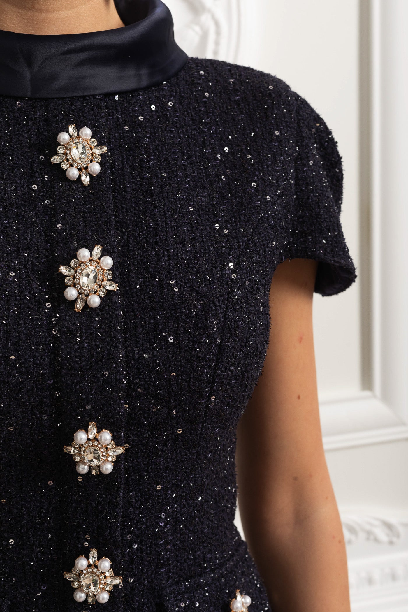 Co-Ord Set with Tweed Embellished Top and Satin Maxi Skirt - Navy