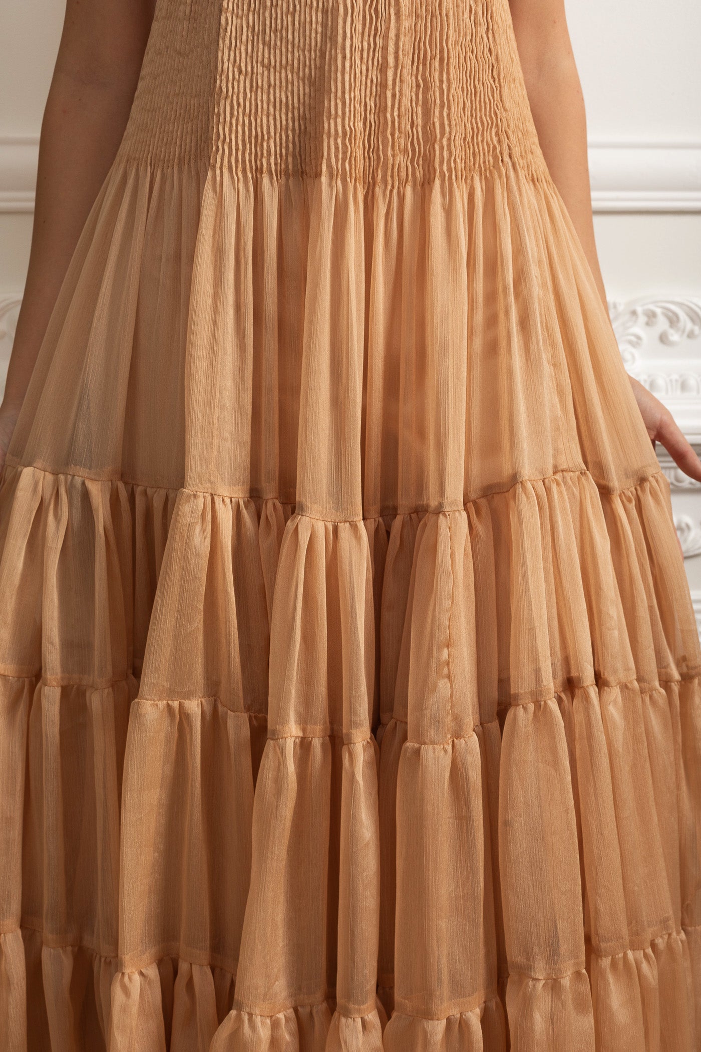 Tiered Maxi Dress with Fitted Bust and Reflective Accents - Beige