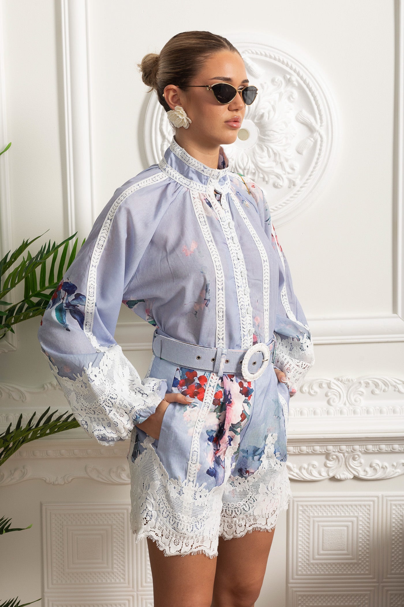 Floral Romper with Lace Insets and Statement Belt - Powder Blue