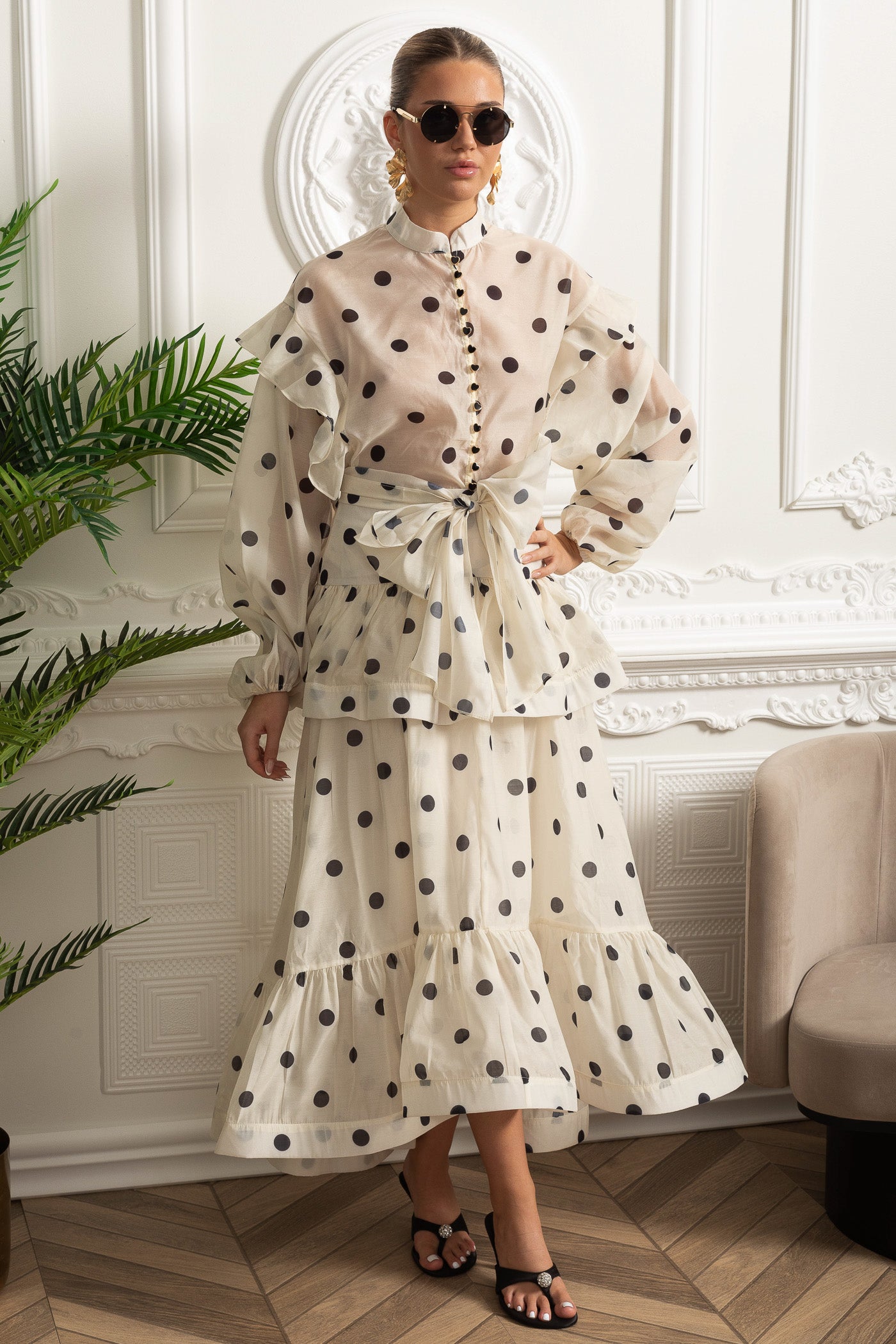 Polka Dot Maxi Dress with Voluminous Sleeves and Statement Waist Bow - Ivoire