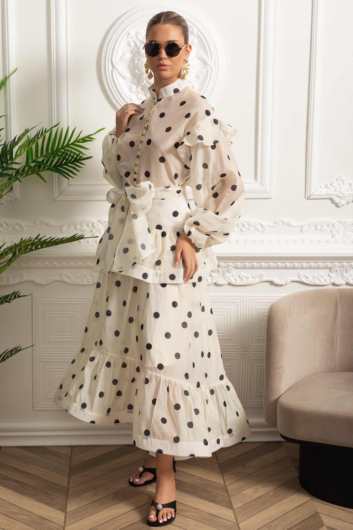Polka Dot Maxi Dress with Voluminous Sleeves and Statement Waist Bow - Ivoire