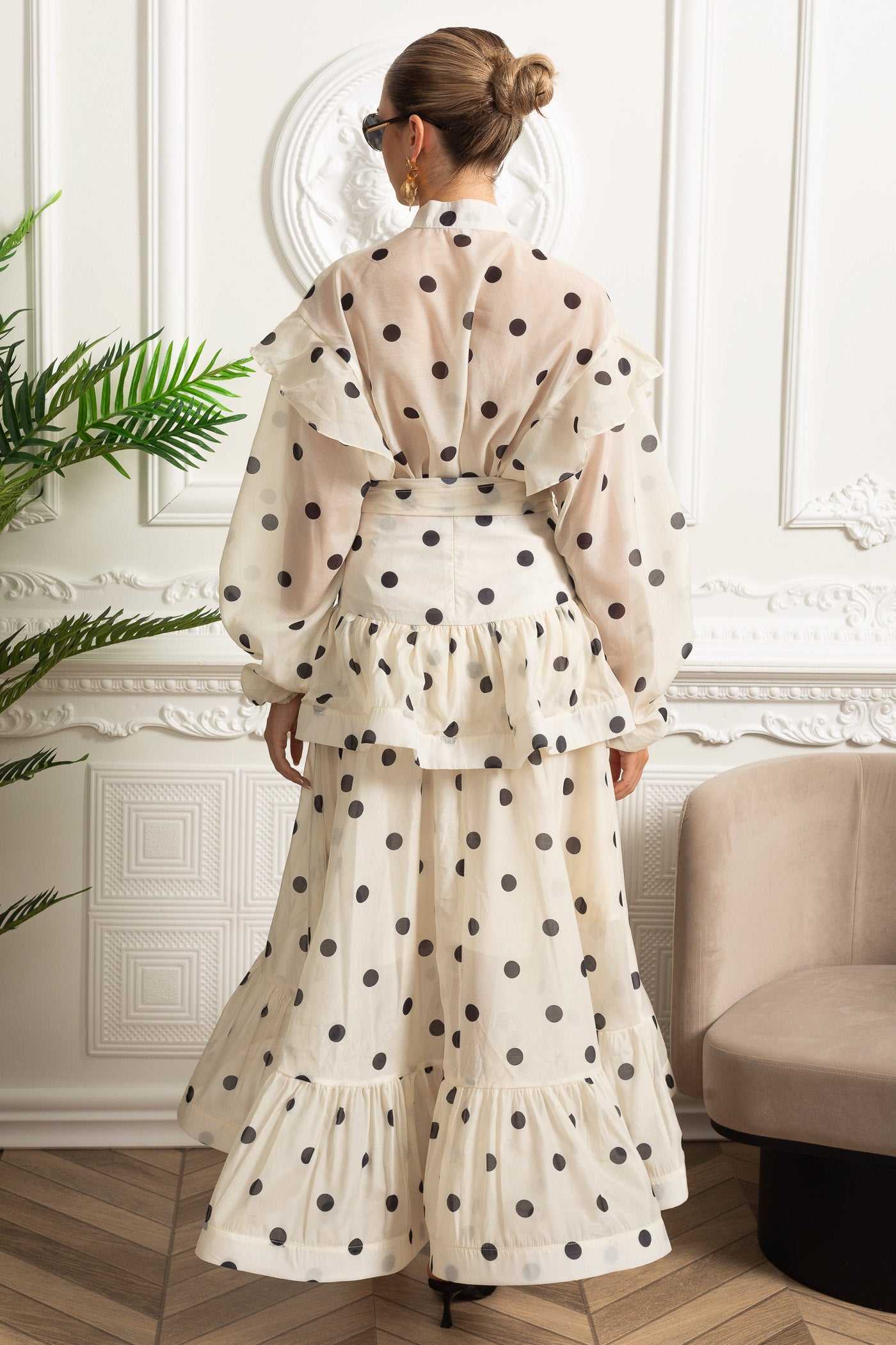 Polka Dot Maxi Dress with Voluminous Sleeves and Statement Waist Bow - Ivoire