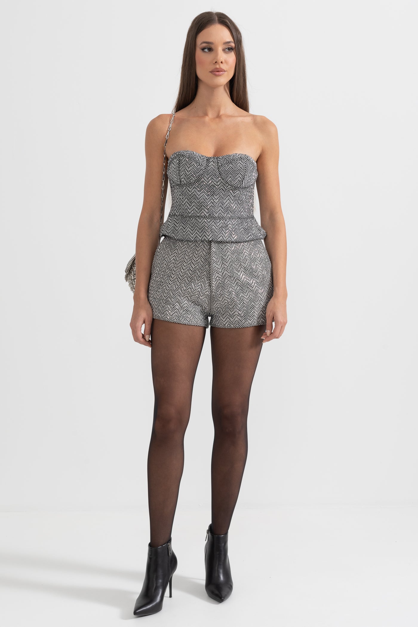 Herringbone Top And Shorts Matching Set - Silver