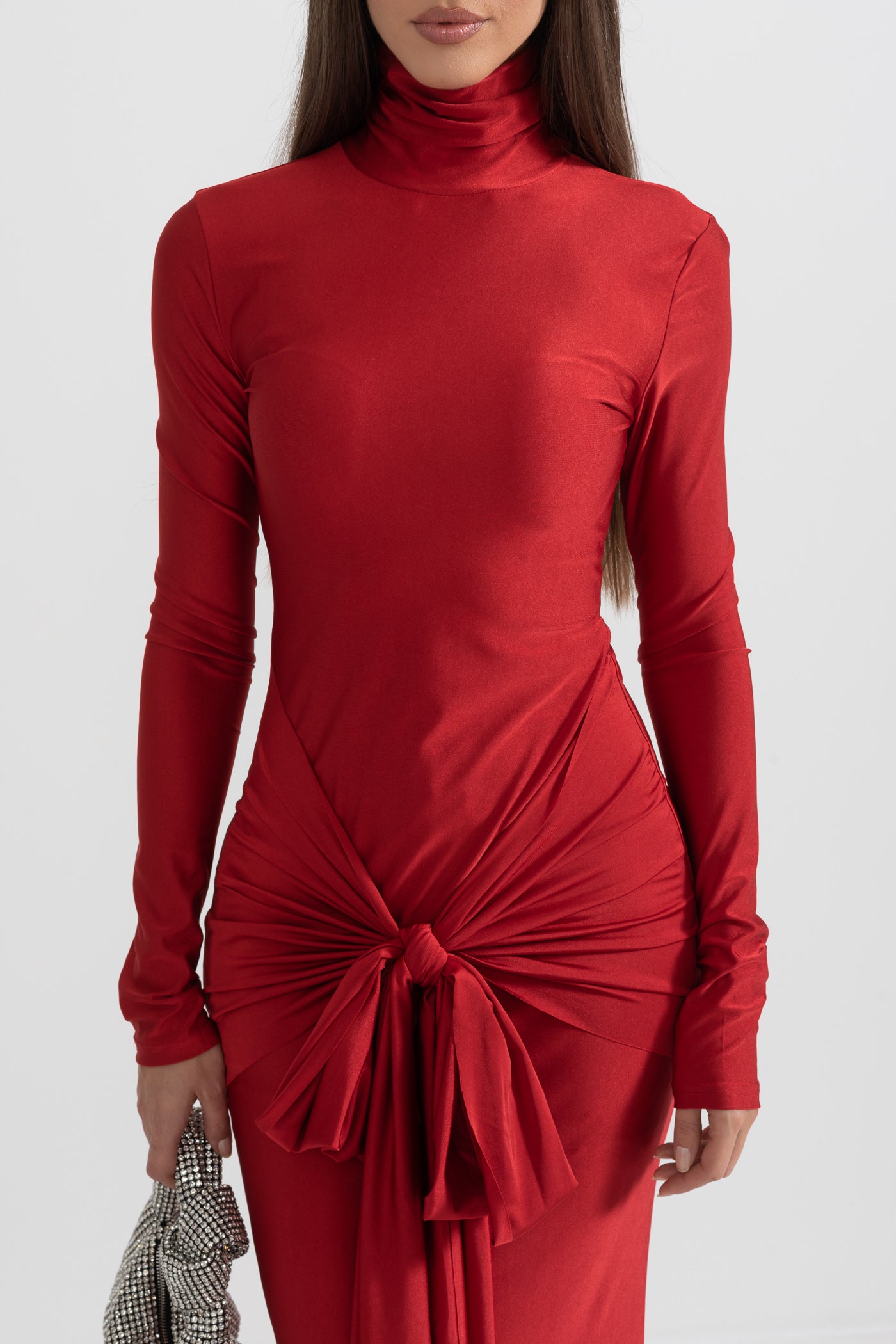 Draped Long High Neck Dress - Red