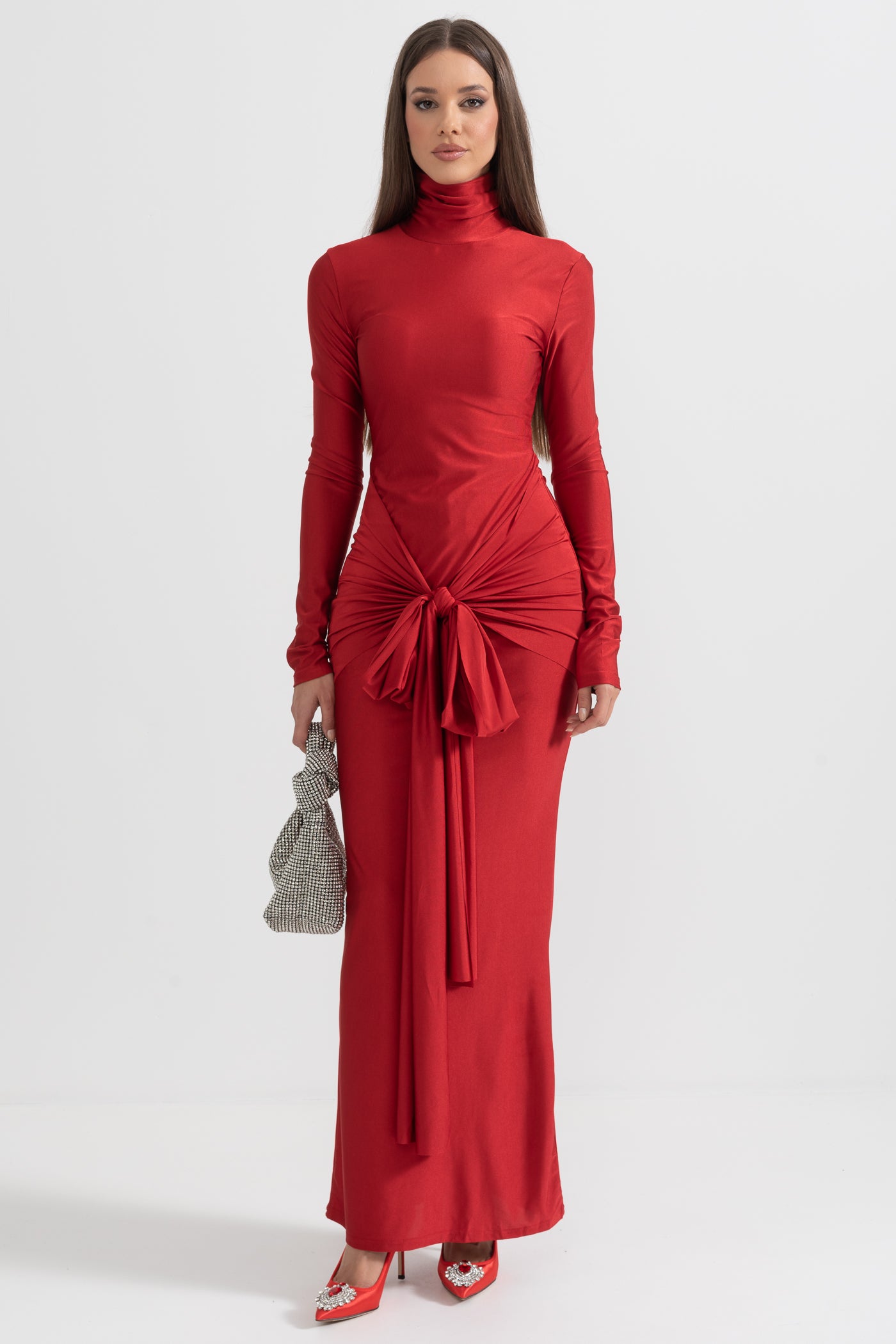 Draped Long High Neck Dress - Red