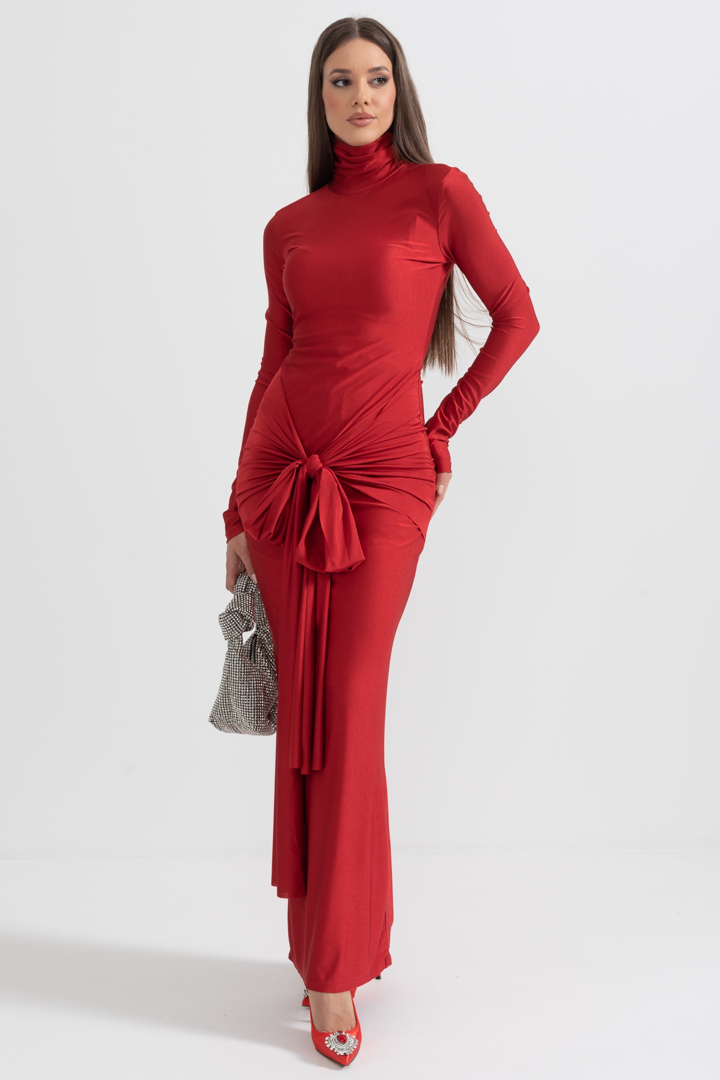 Draped Long High Neck Dress - Red