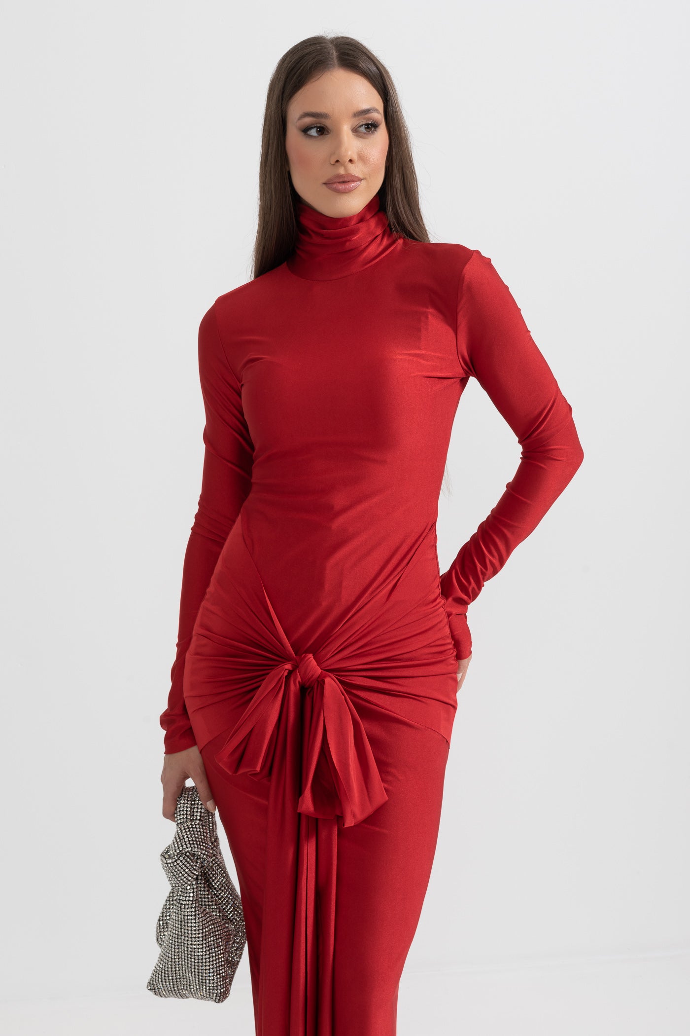 Draped Long High Neck Dress - Red