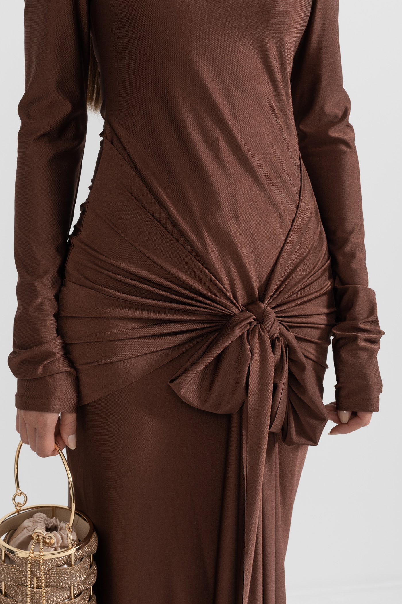 Draped Long High Neck Dress - Brown