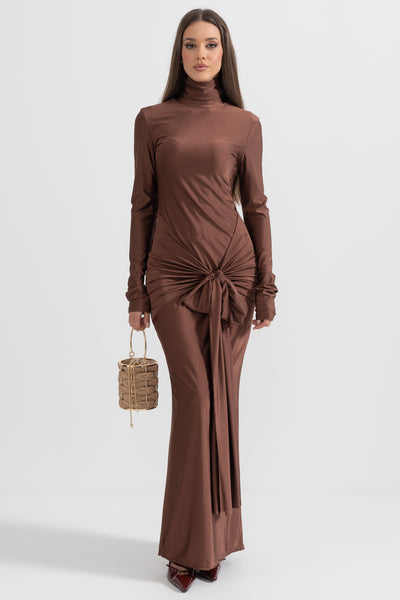 リルアー　drape design dress M-Long brown Draped Long High Neck Dress - Brown