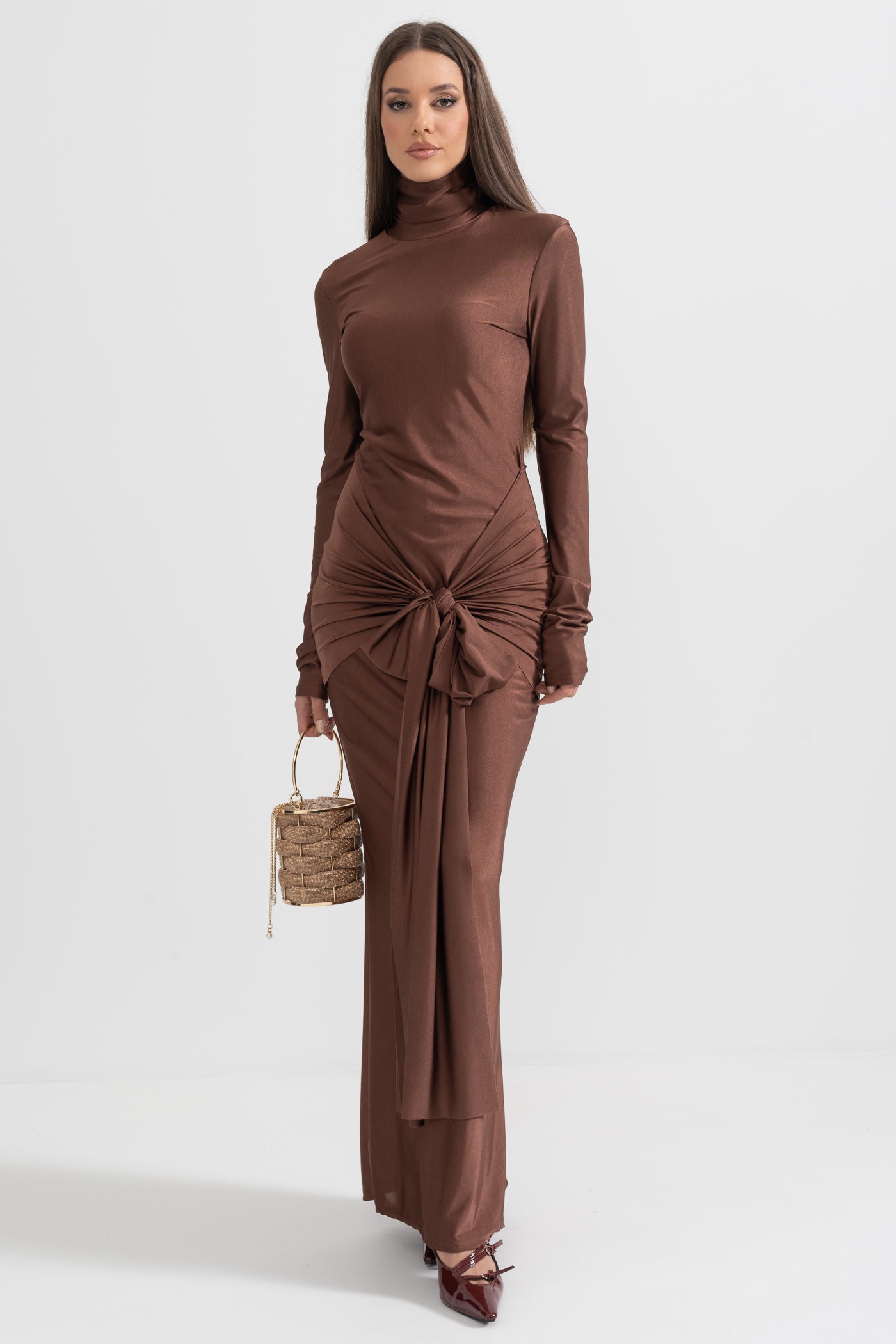 Draped Long High Neck Dress - Brown