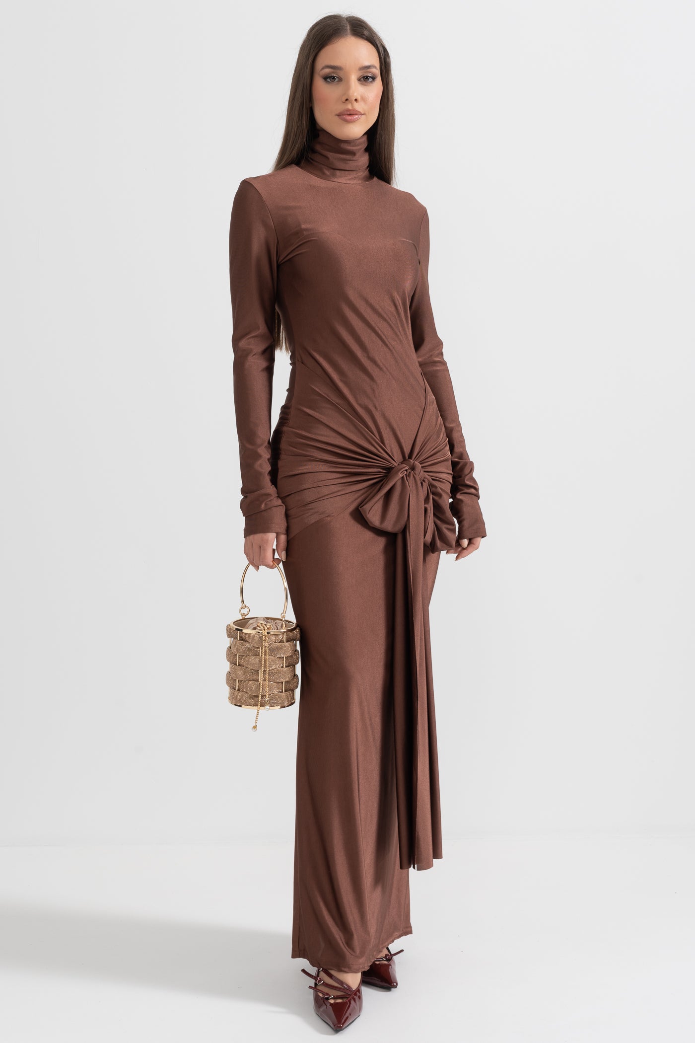 Draped Long High Neck Dress - Brown