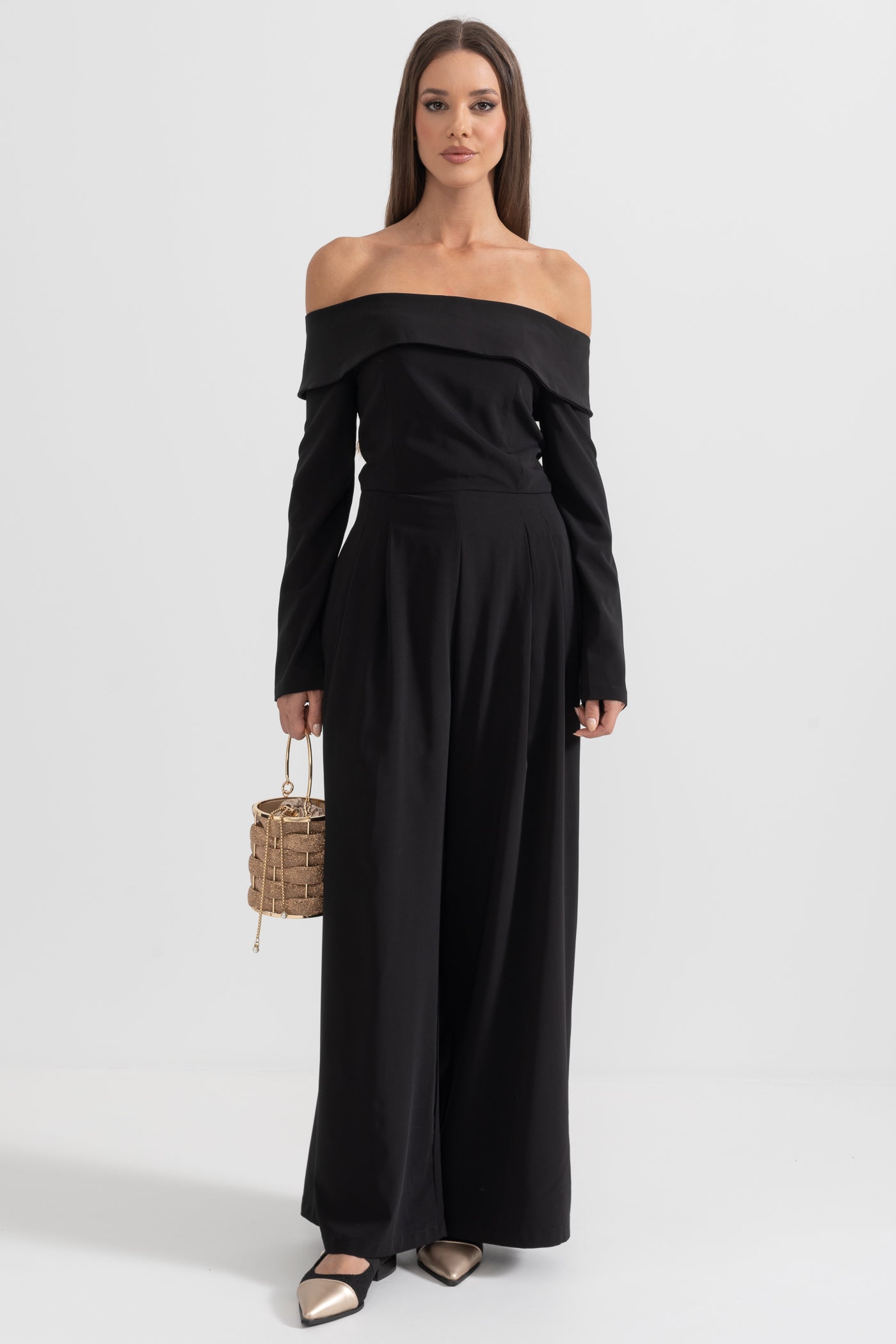 Off-The-Shoulder Jumpsuit With Back Bow Detail - Black