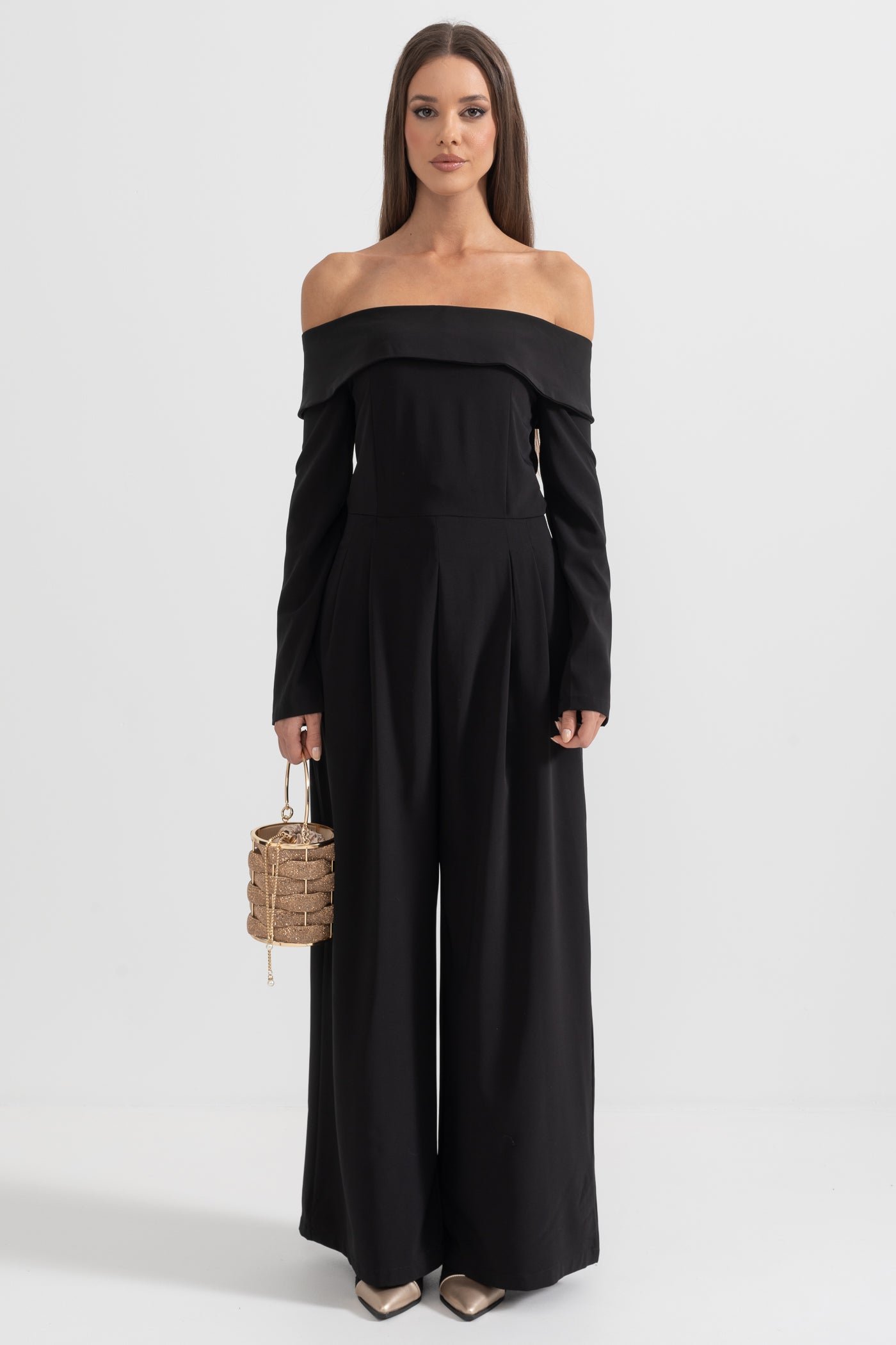 Off-The-Shoulder Jumpsuit With Back Bow Detail - Black