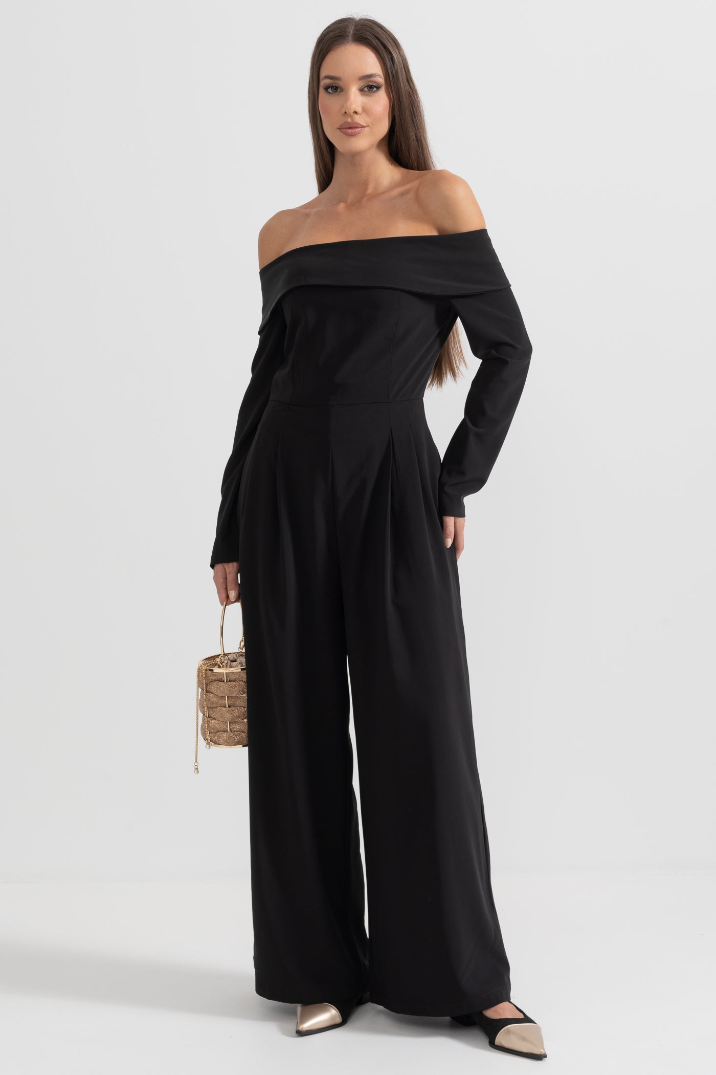 Off-The-Shoulder Jumpsuit With Back Bow Detail - Black