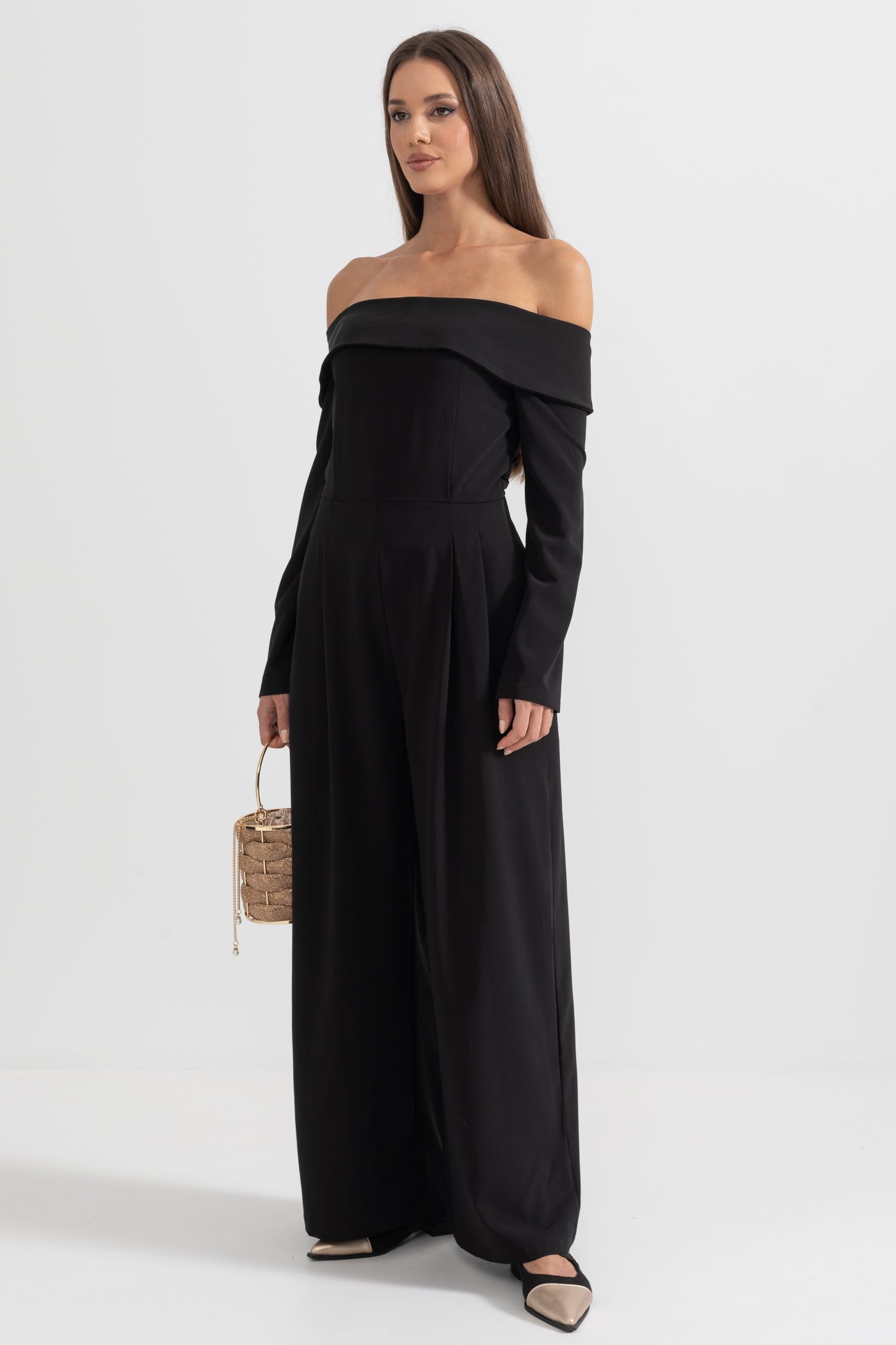 Off-The-Shoulder Jumpsuit With Back Bow Detail - Black