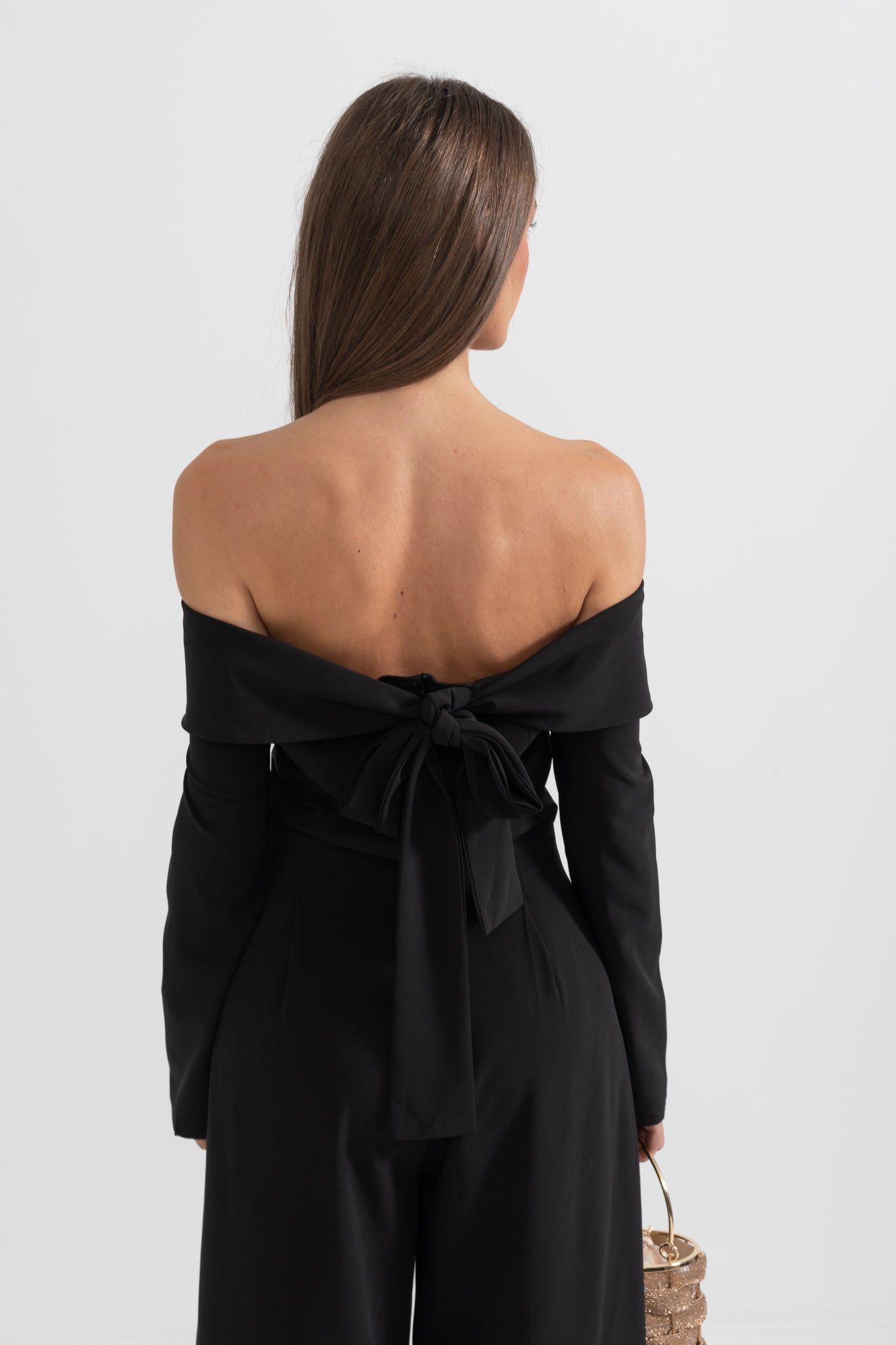 Off-The-Shoulder Jumpsuit With Back Bow Detail - Black