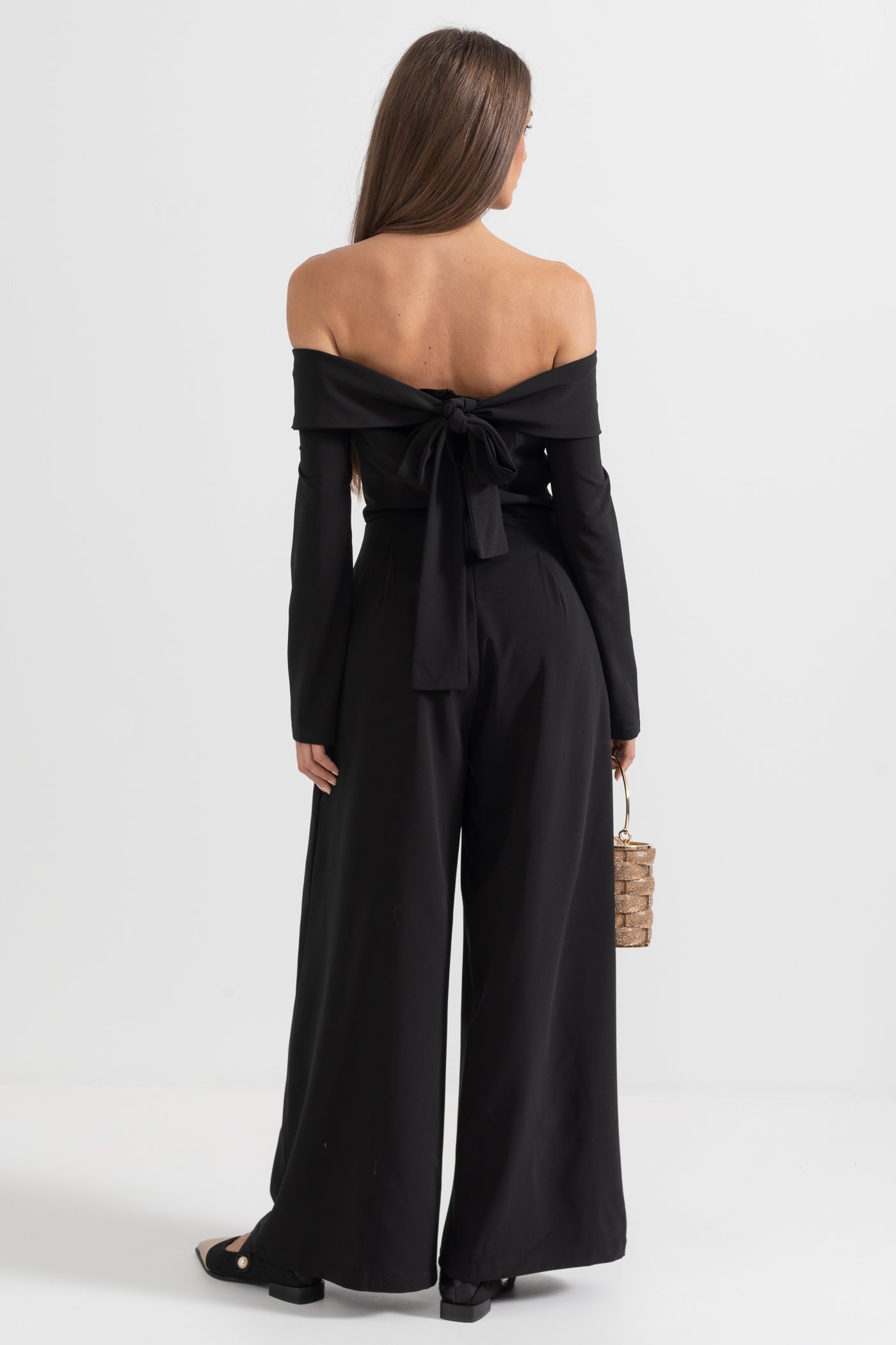 Off-The-Shoulder Jumpsuit With Back Bow Detail - Black