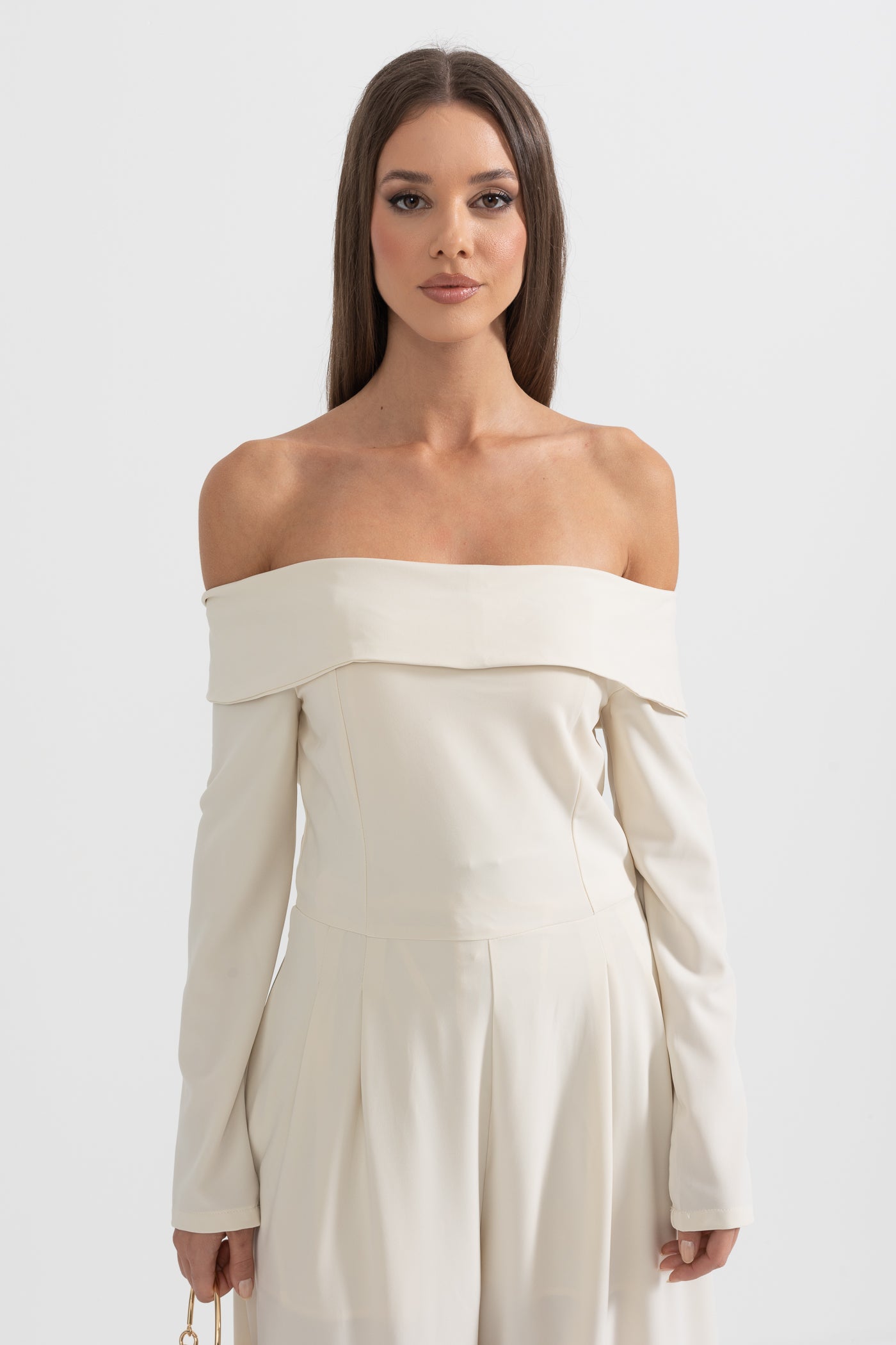 Off-The-Shoulder Jumpsuit With Back Bow Detail - Beige