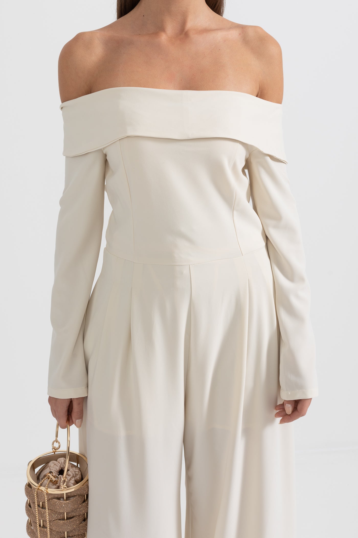 Off-The-Shoulder Jumpsuit With Back Bow Detail - Beige