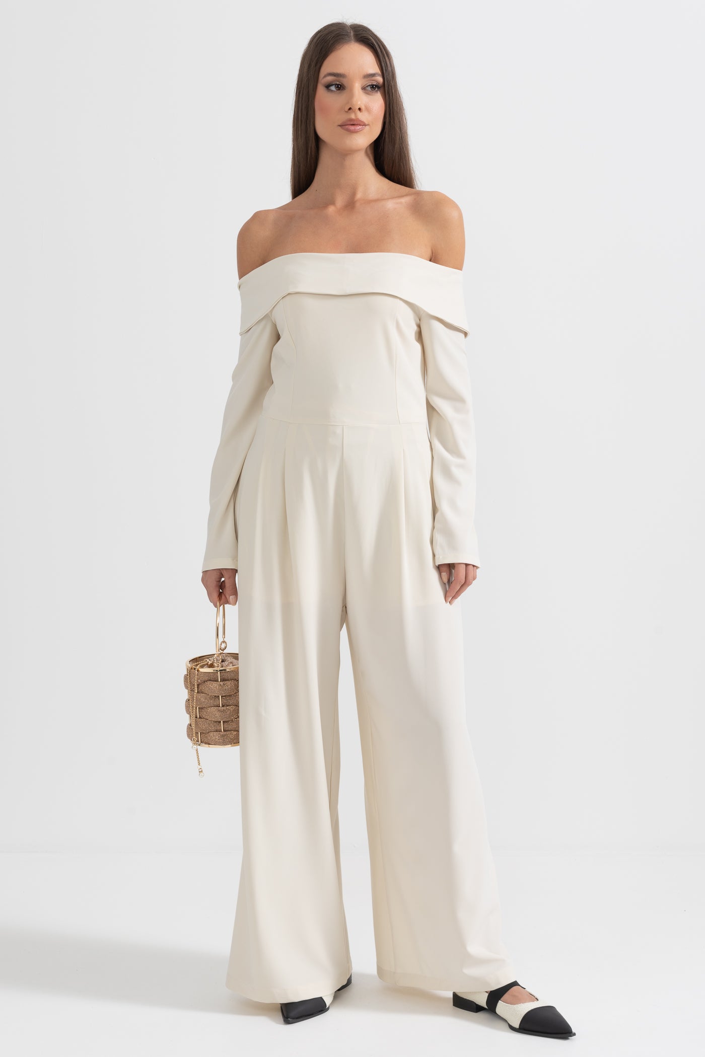 Off-The-Shoulder Jumpsuit With Back Bow Detail - Beige