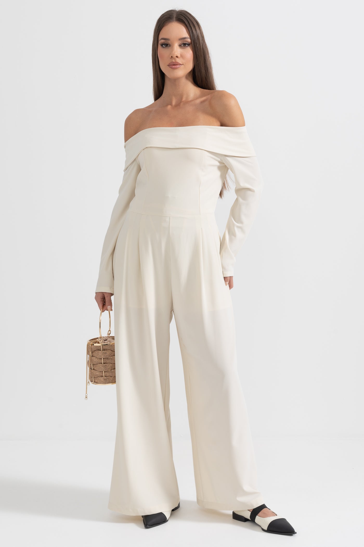 Off-The-Shoulder Jumpsuit With Back Bow Detail - Beige