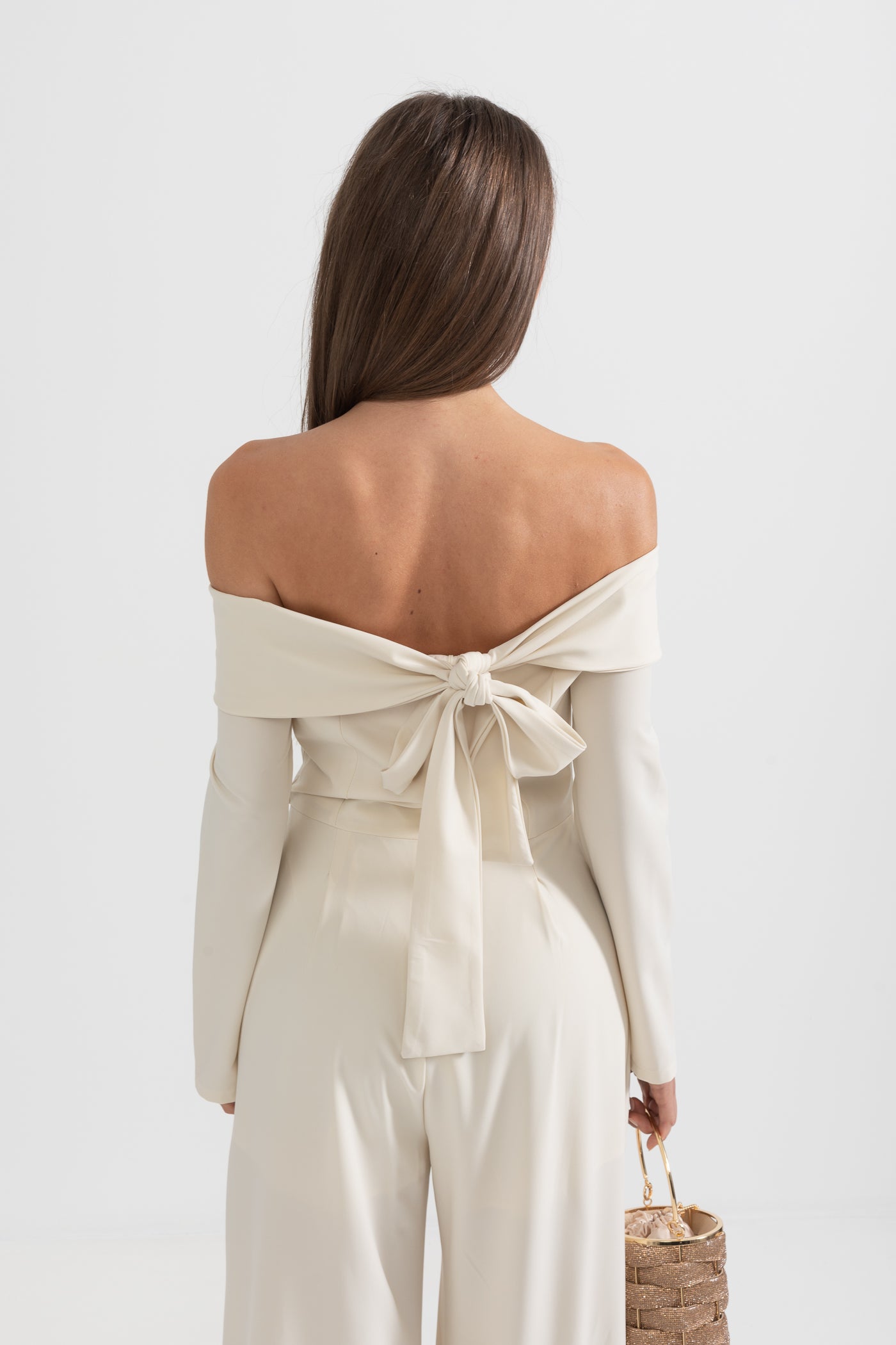 Off-The-Shoulder Jumpsuit With Back Bow Detail - Beige