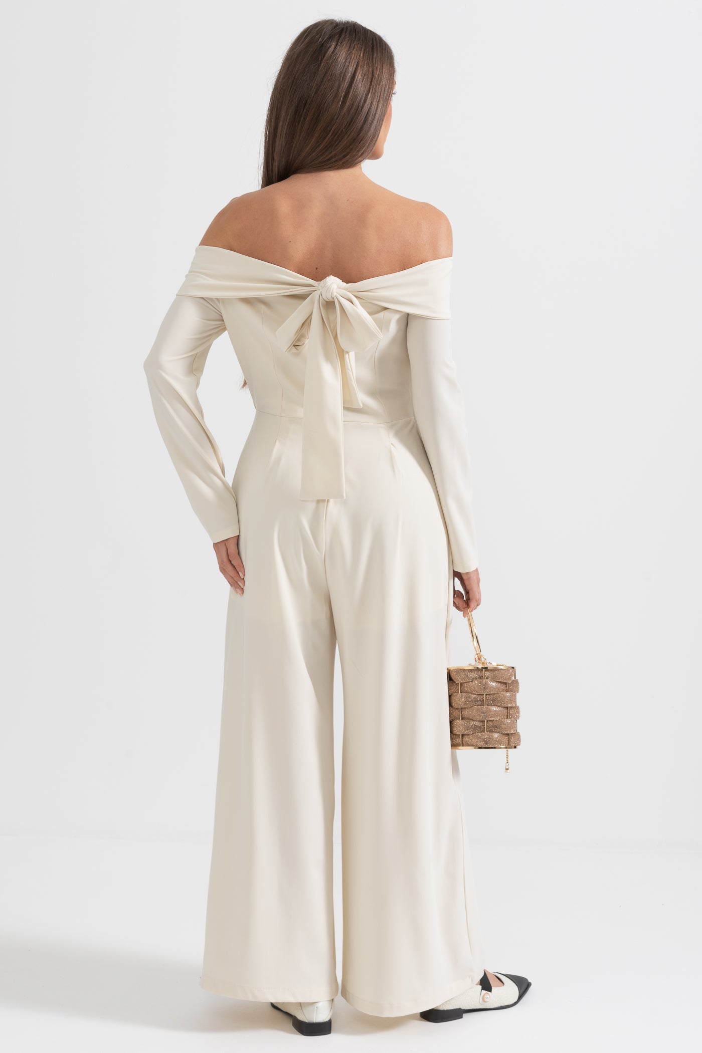 Off-The-Shoulder Jumpsuit With Back Bow Detail - Beige