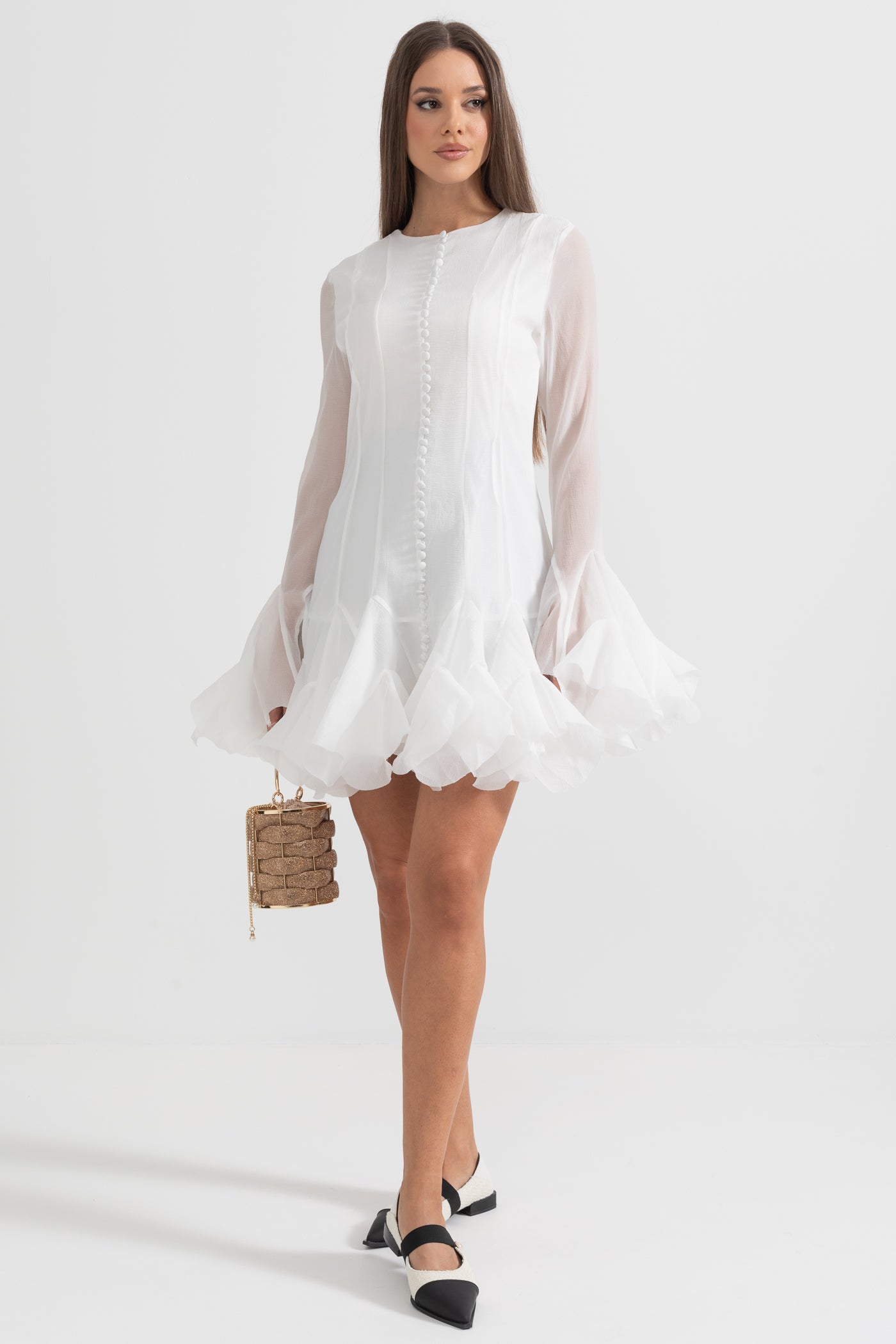 Elegant Silhouette Dress With Flared Sleeves And Hemline - White