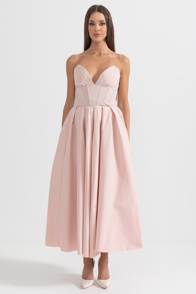 Sophisticated Strapless Midi Dress with Fitted Bodice - Peach