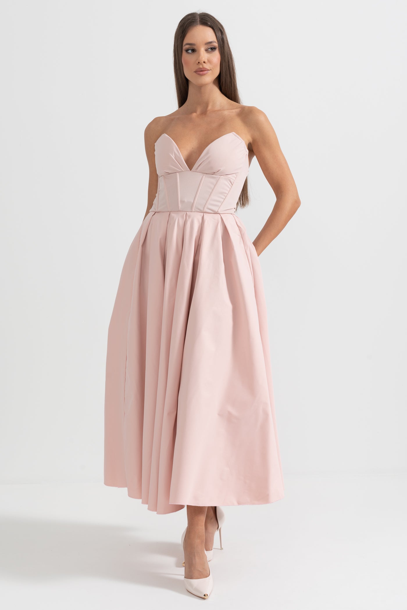 Sophisticated Strapless Midi Dress with Fitted Bodice - Peach