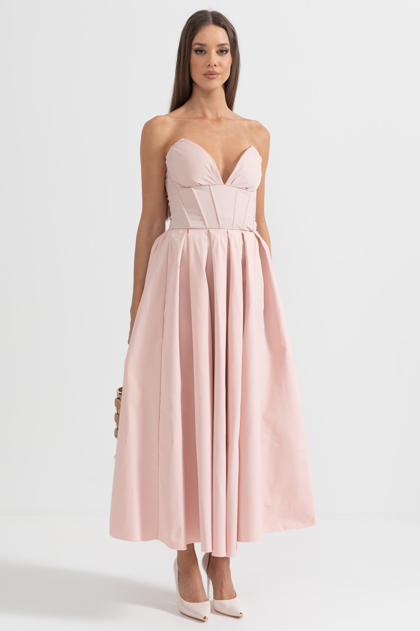 Sophisticated Strapless Midi Dress with Fitted Bodice - Peach