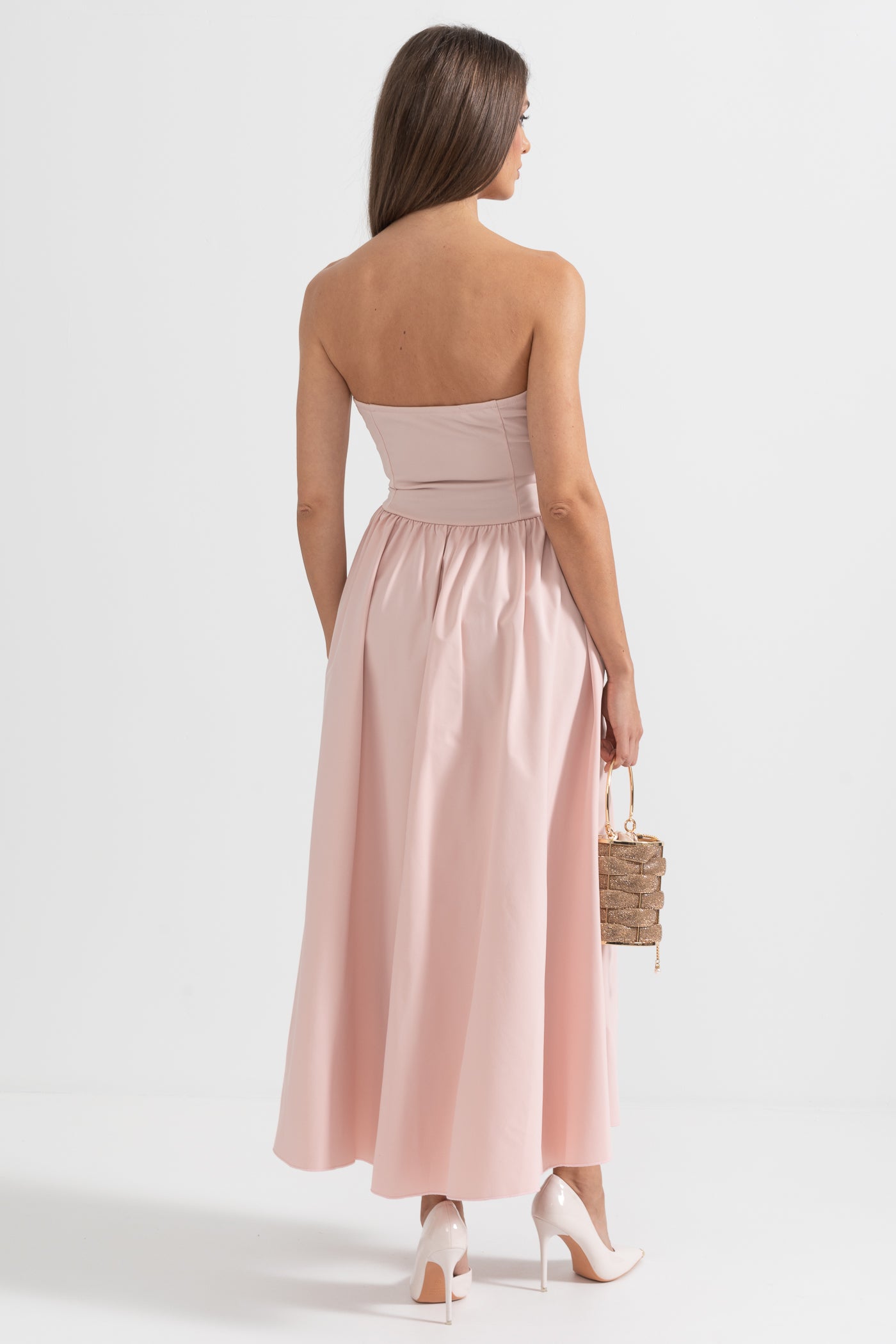 Sophisticated Strapless Midi Dress with Fitted Bodice - Peach