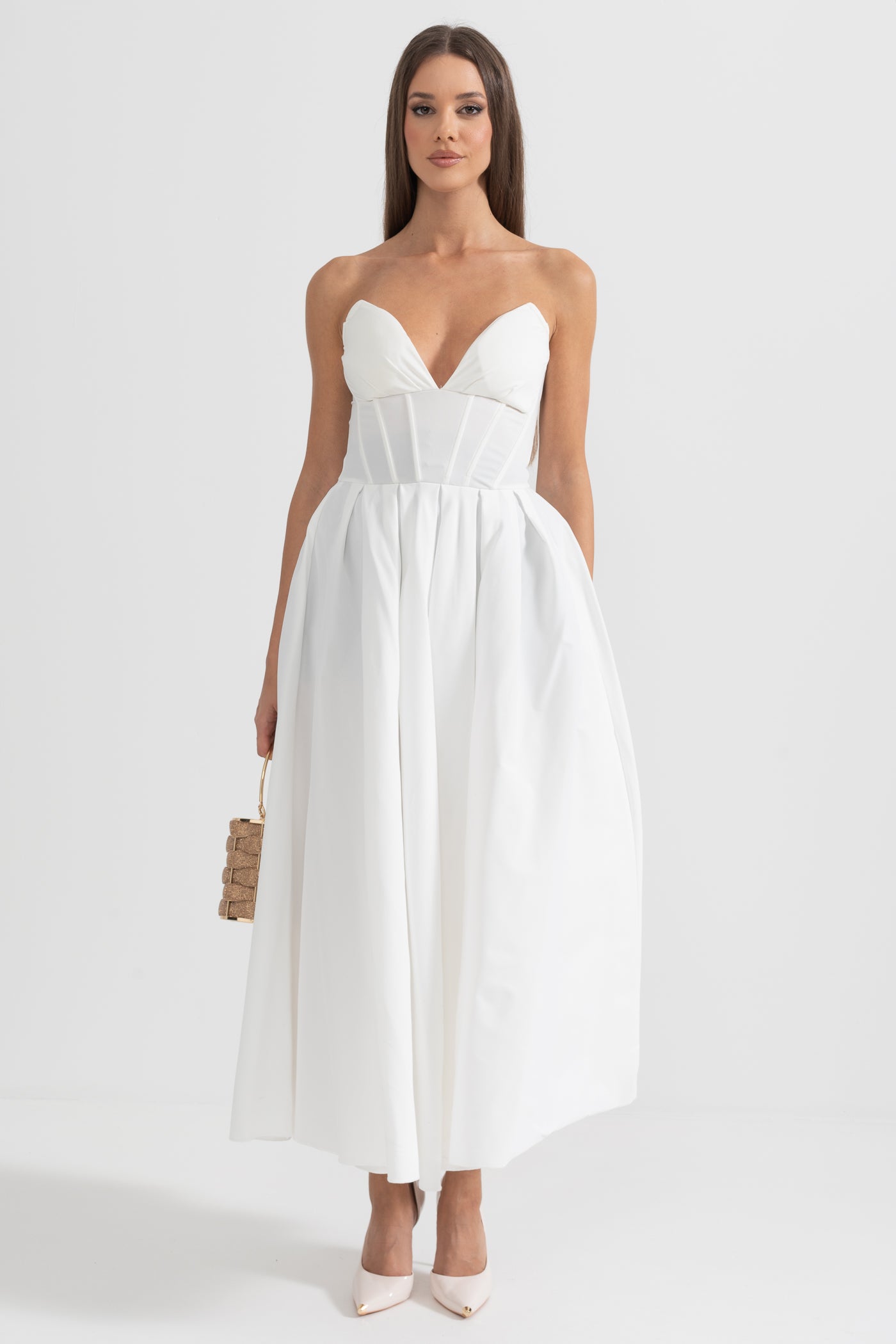 Sophisticated Strapless Midi Dress with Fitted Bodice - White