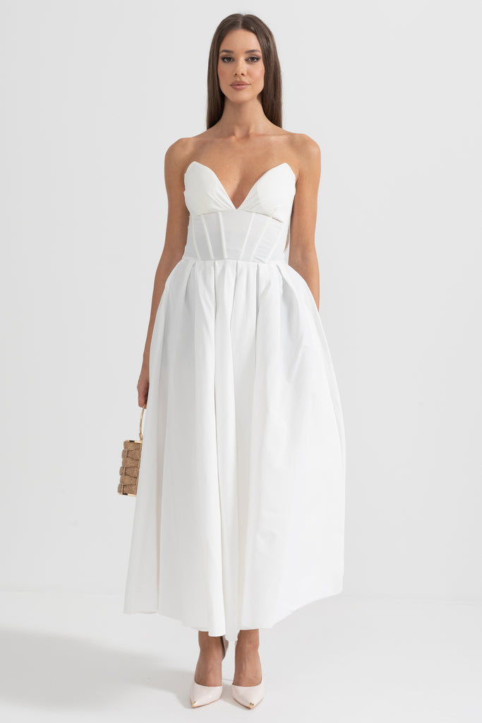 Sophisticated Strapless Midi Dress with Fitted Bodice - White