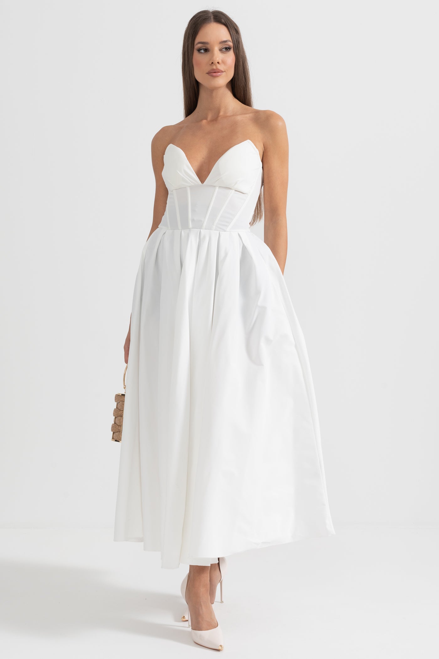 Sophisticated Strapless Midi Dress with Fitted Bodice - White