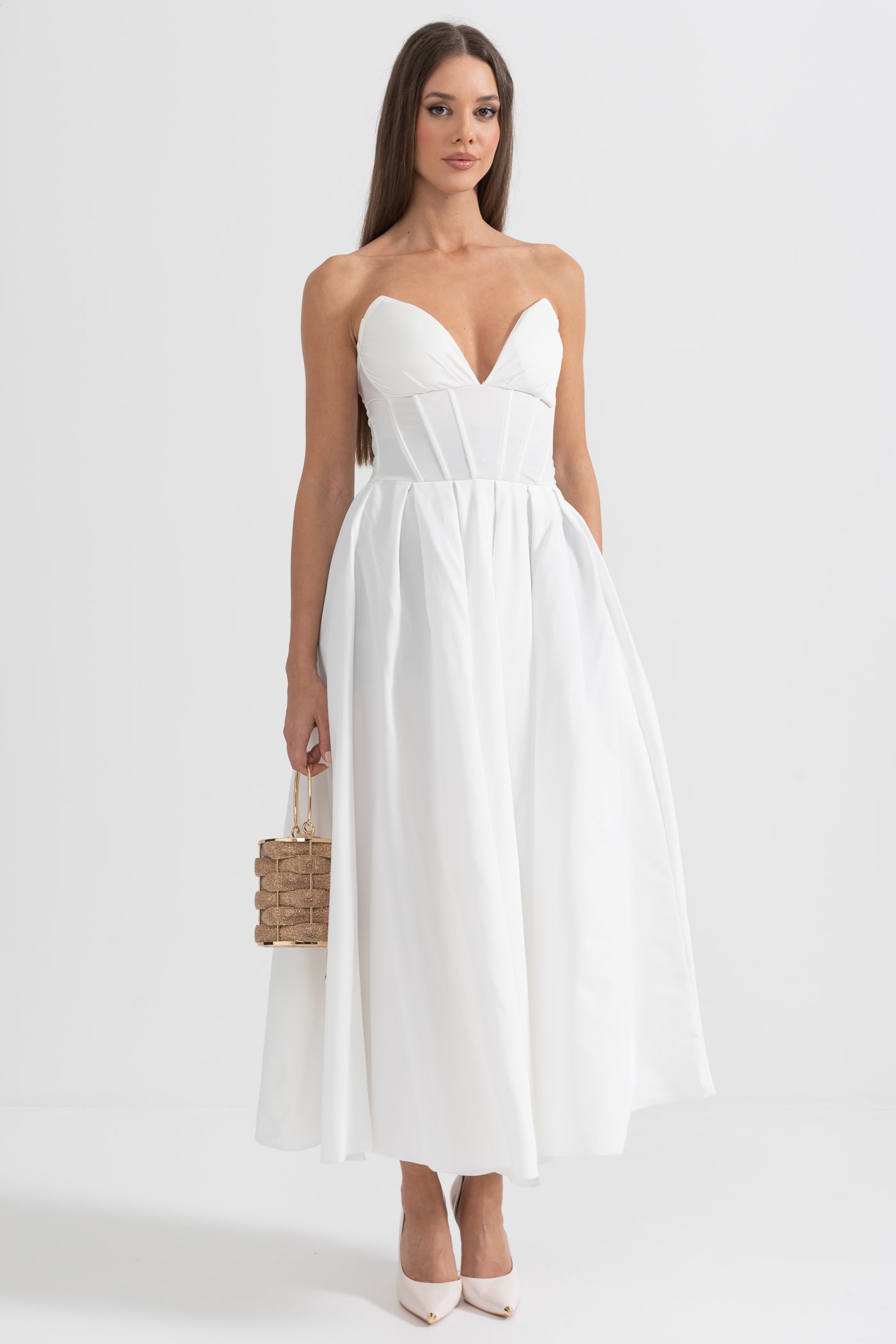 Sophisticated Strapless Midi Dress with Fitted Bodice - White