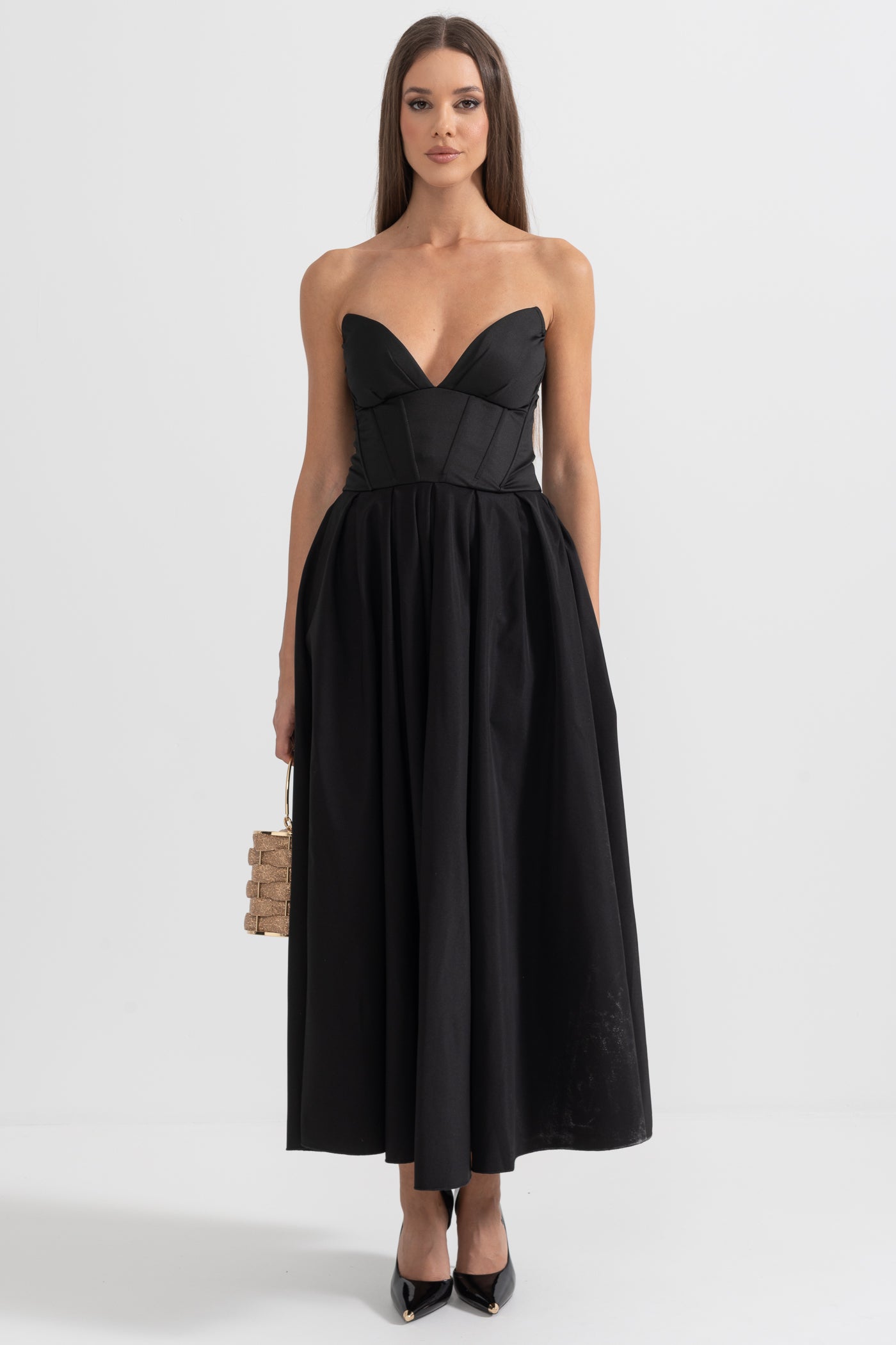 Sophisticated Strapless Midi Dress with Fitted Bodice - Black