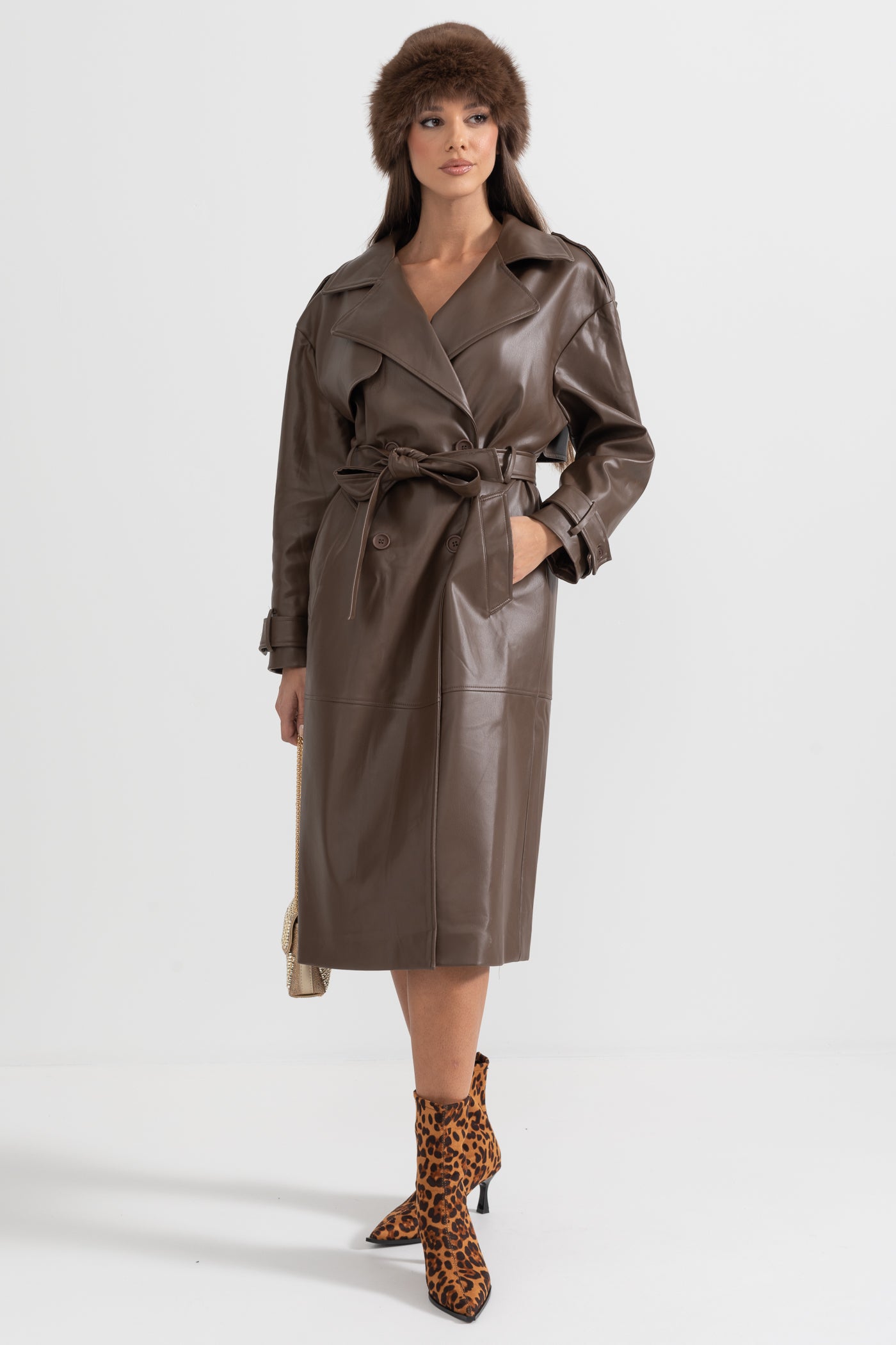 Vegan Leather Trench Coat - Brown