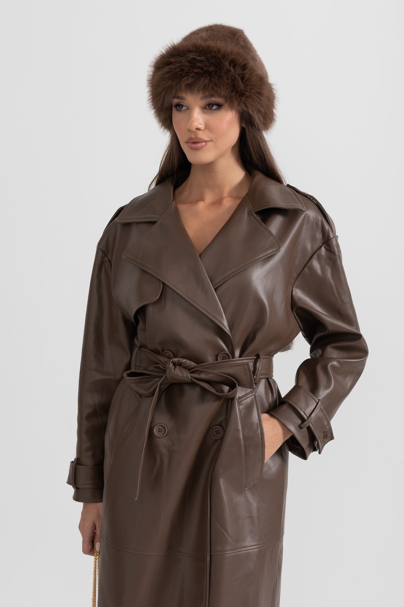 Vegan Leather Trench Coat - Brown