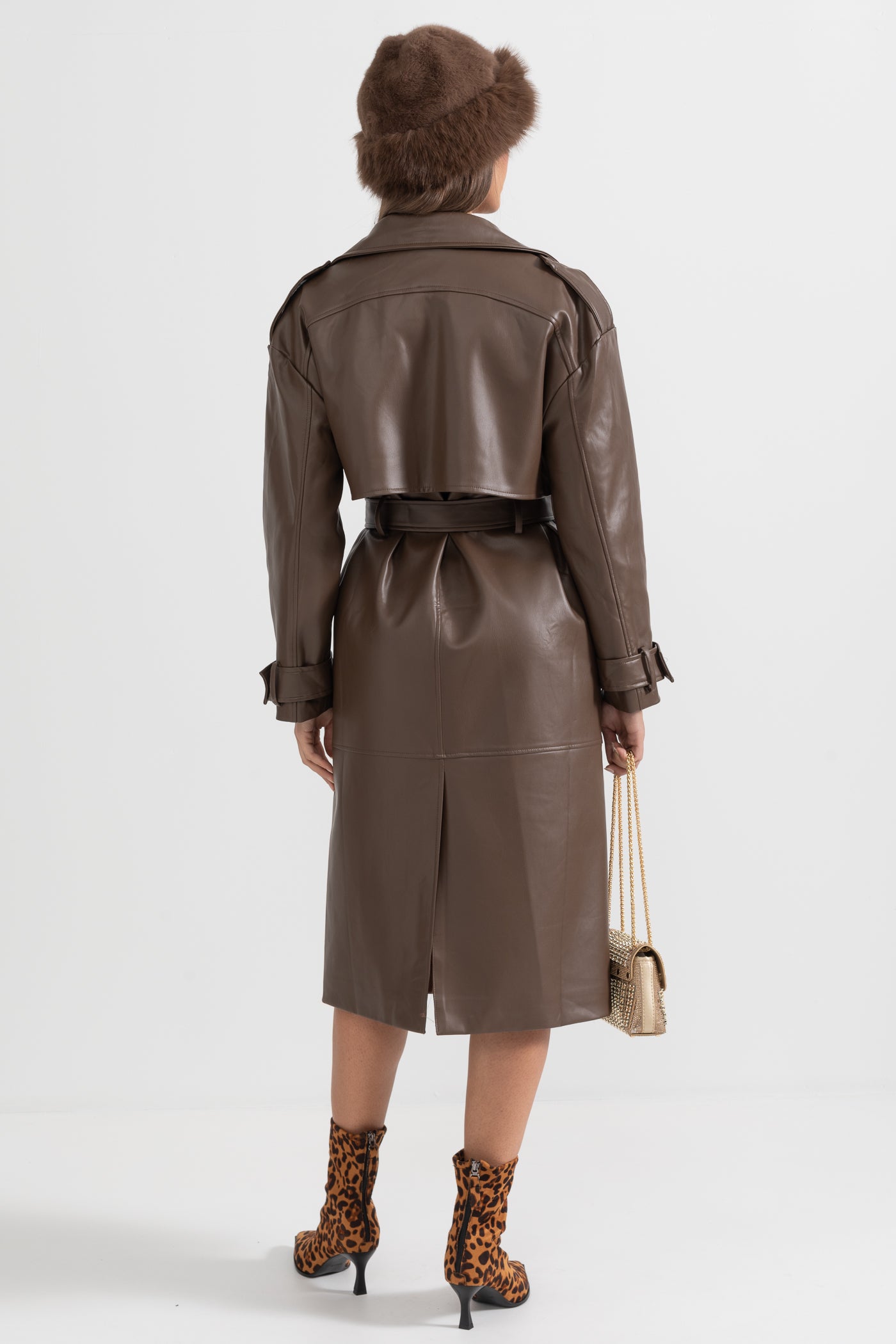 Vegan Leather Trench Coat - Brown